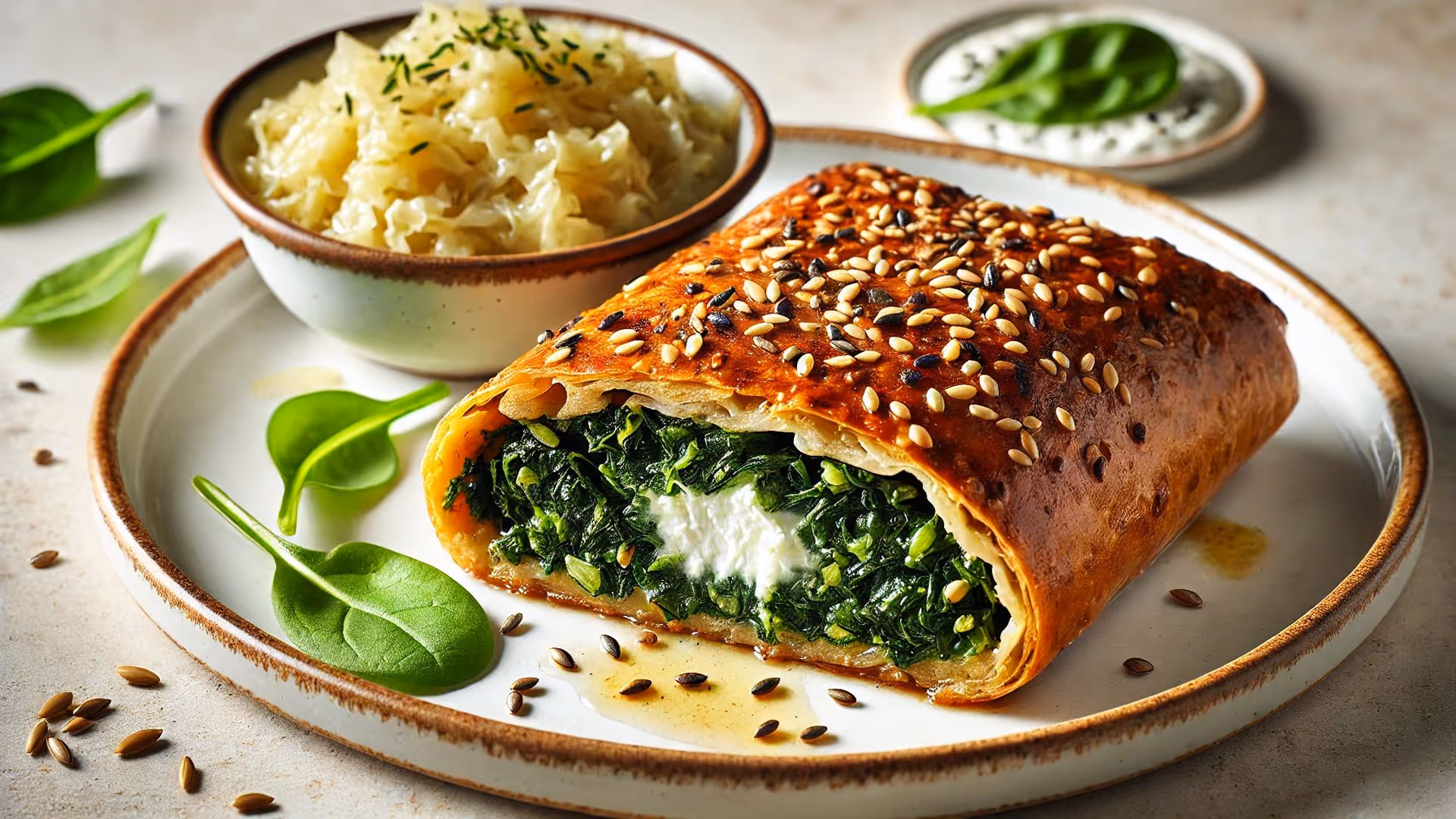 Blätterteig-Strudel gefüllt mit Spinat und Käse, serviert mit Kartoffelpüree