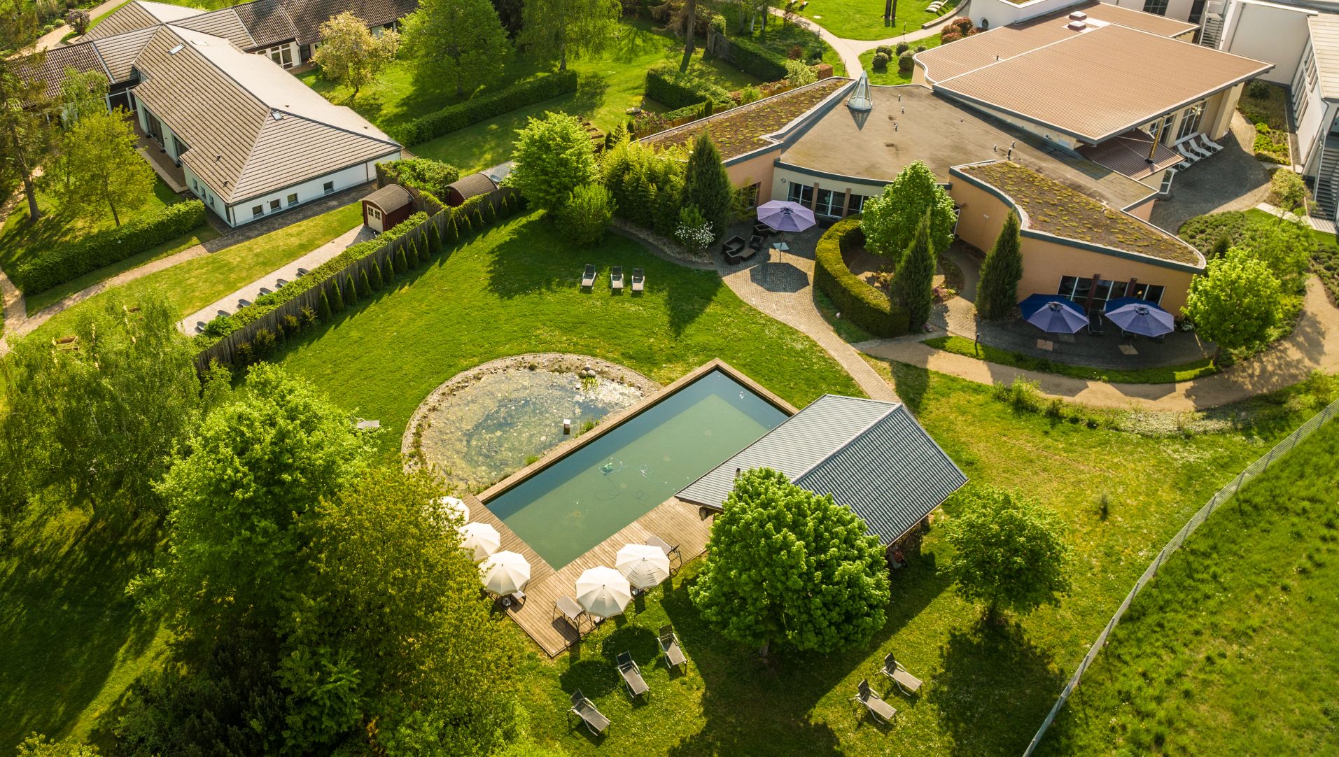 Aerial view of landscaped garden with swimming pool and white umbrellas