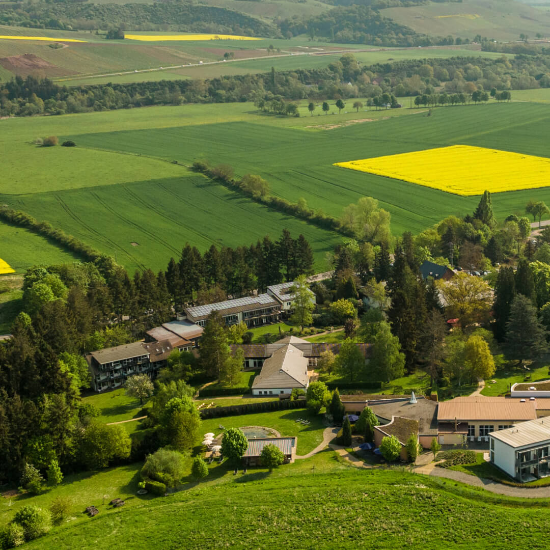 Aerial view of green fields, yellow crops, and buildings nestled in landscape
