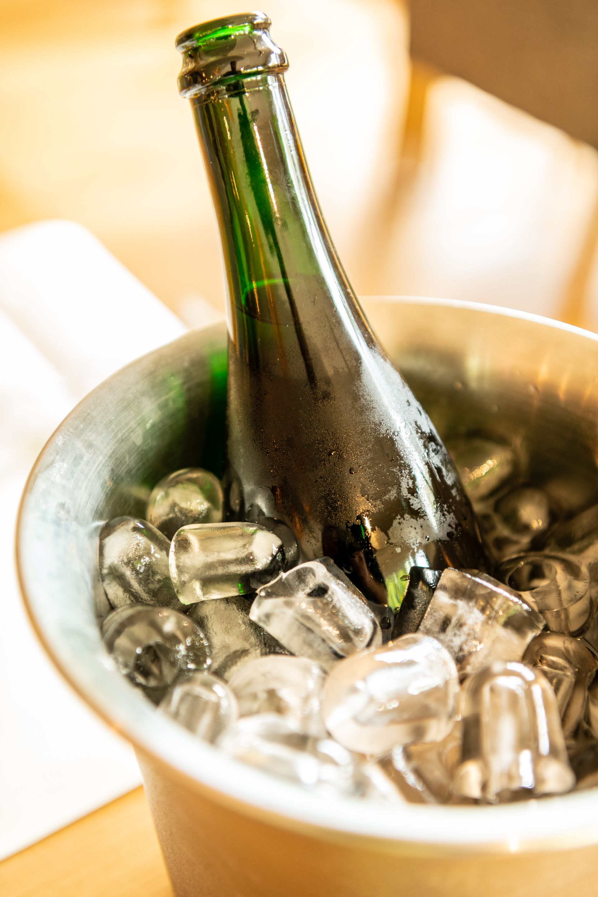 Green beer bottle chilling in bucket of clear ice cubes
