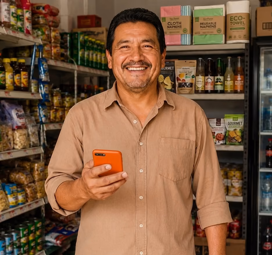 Dueño de una tienda de abarrotes sonriendo con su celular en mano