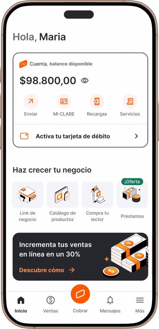 Inicio de la app de Clip con saldo, transferencias, recargas y préstamos