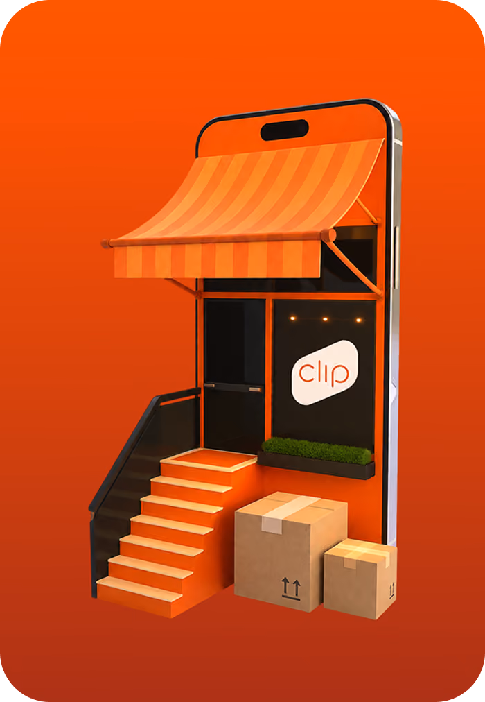 Ilustración de una tienda con el logo de Clip dentro de un celular