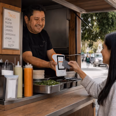 Taquero entrega una terminal Clip a una clienta para que pague con tarjeta