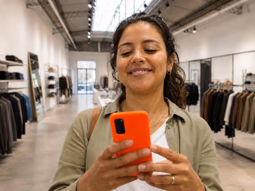 Mujer sonriente usando su celular en una tienda de ropa