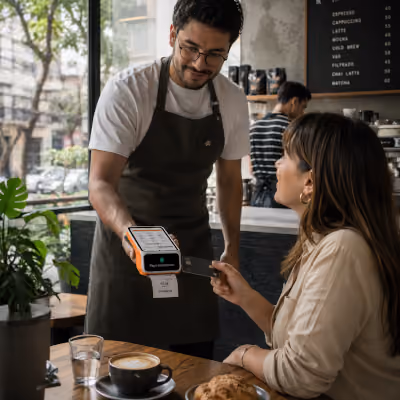 Barista cobra con una terminal Clip a una clienta en una cafetería