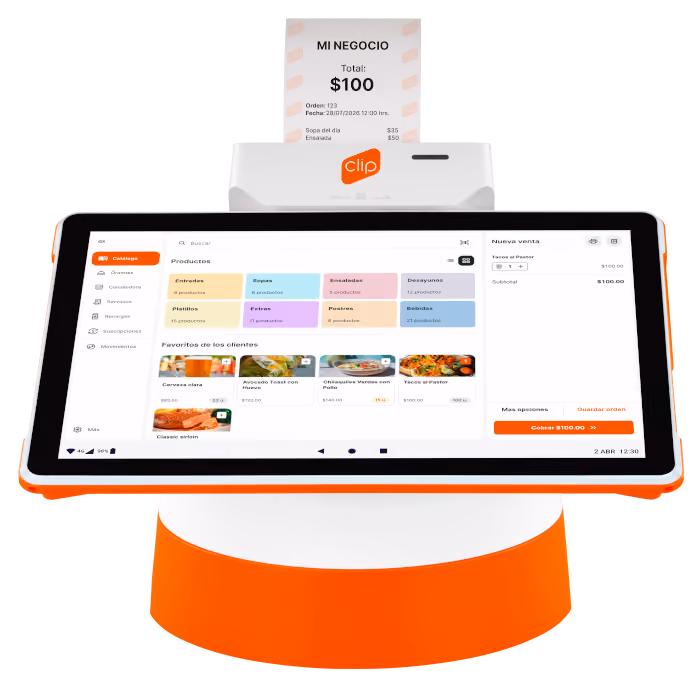 Dispositivo punto de venta Clip con pantalla táctil que muestra un sistema de pedido con categorías de productos y cinco platos favoritos, un recibo de venta impreso que indica un total de 100 dólares.