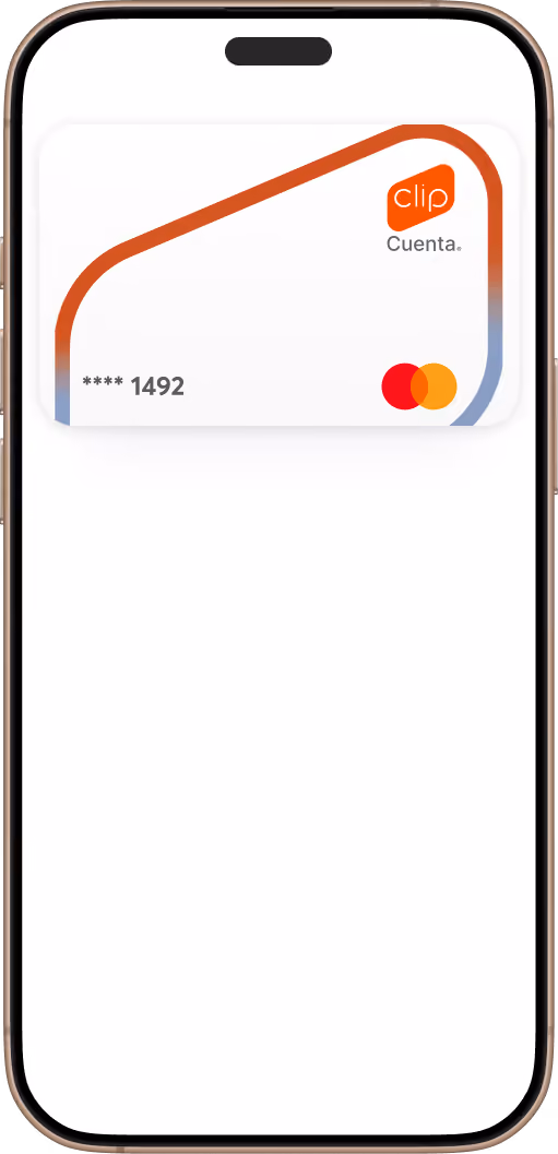 Pantalla de un iPhone que muestra una tarjeta digital Clip Cuenta con los últimos cuatro dígitos 1492 y el logo de Mastercard.