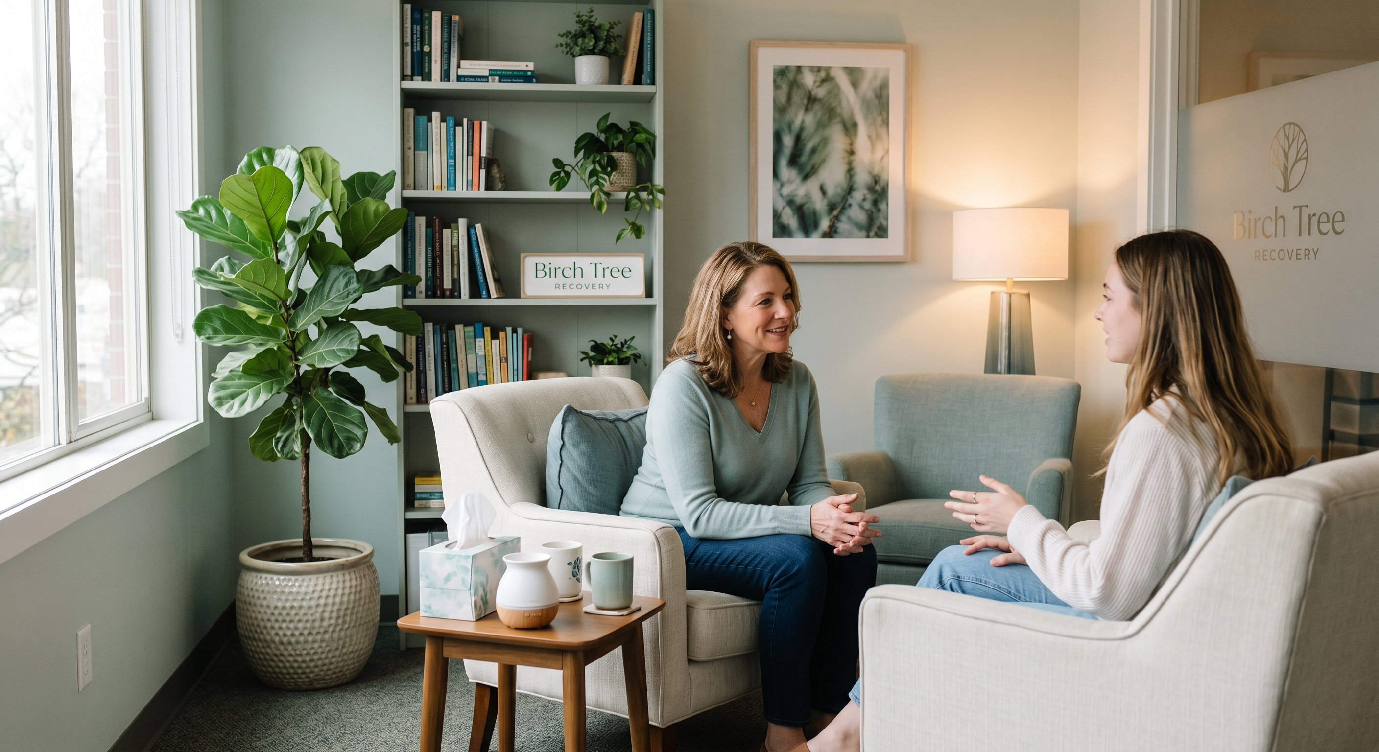 Two women engaged in a supportive conversation in a cozy therapy office with plants and books.