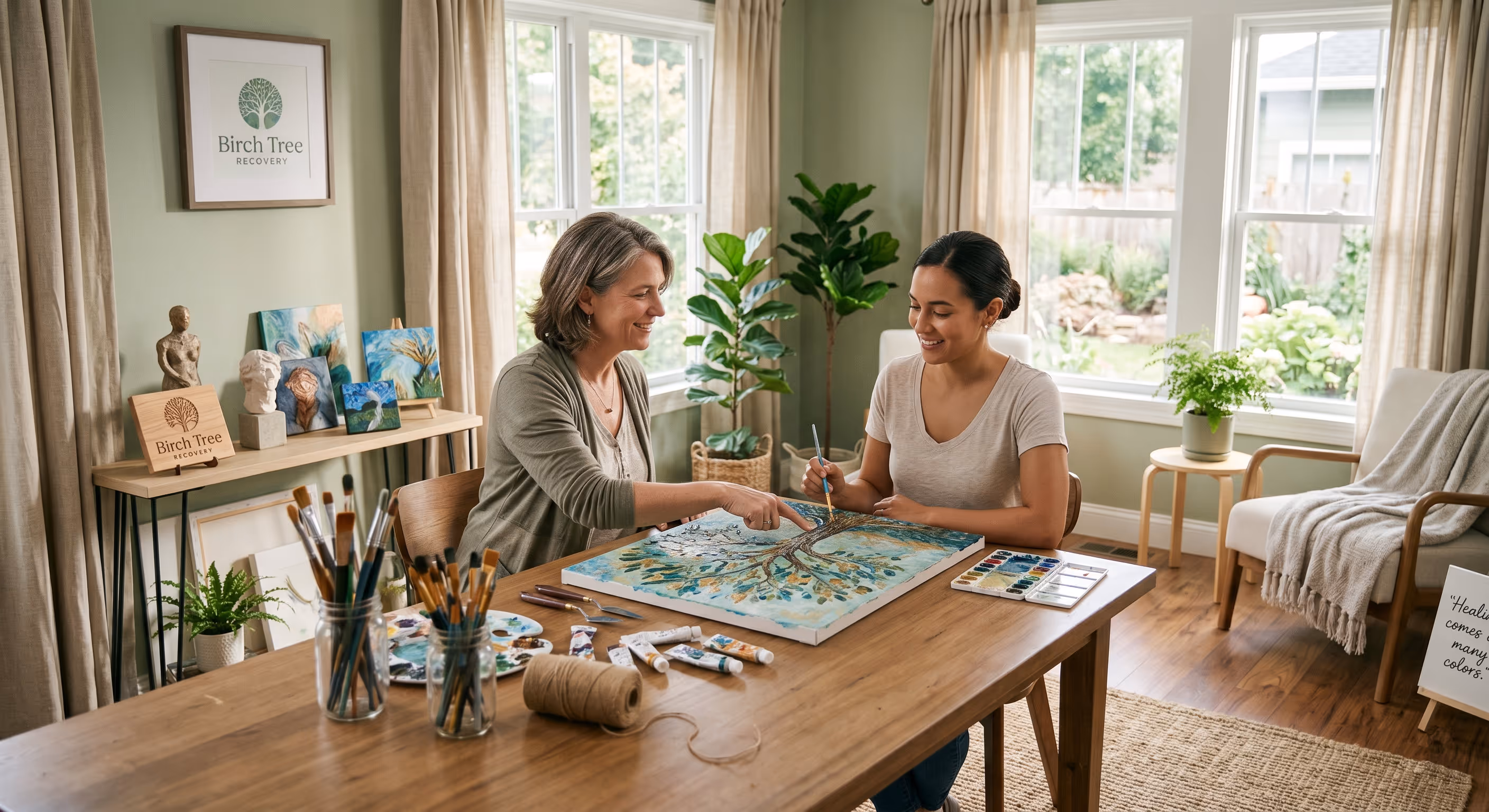 Two women engaged in a supportive conversation in a cozy therapy office with plants and books.
