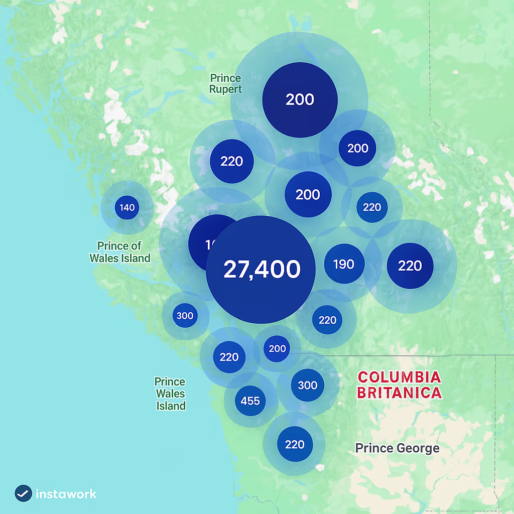 Map of Instawork staffing coverage in British Columbia
