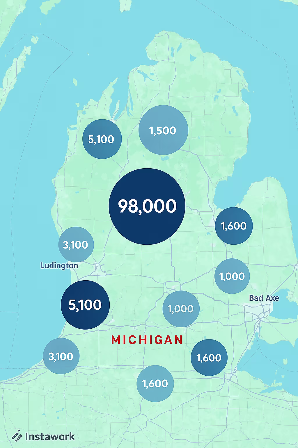 Map of Instawork staffing coverage in Michigan
