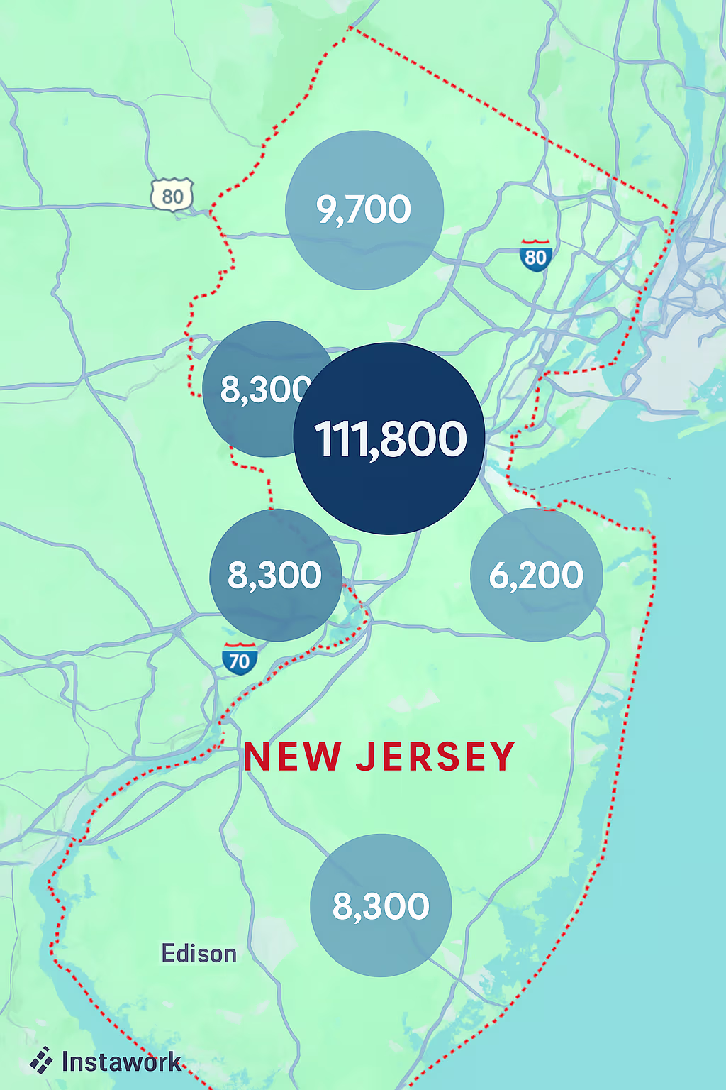 Map of Instawork staffing coverage in New Jersey