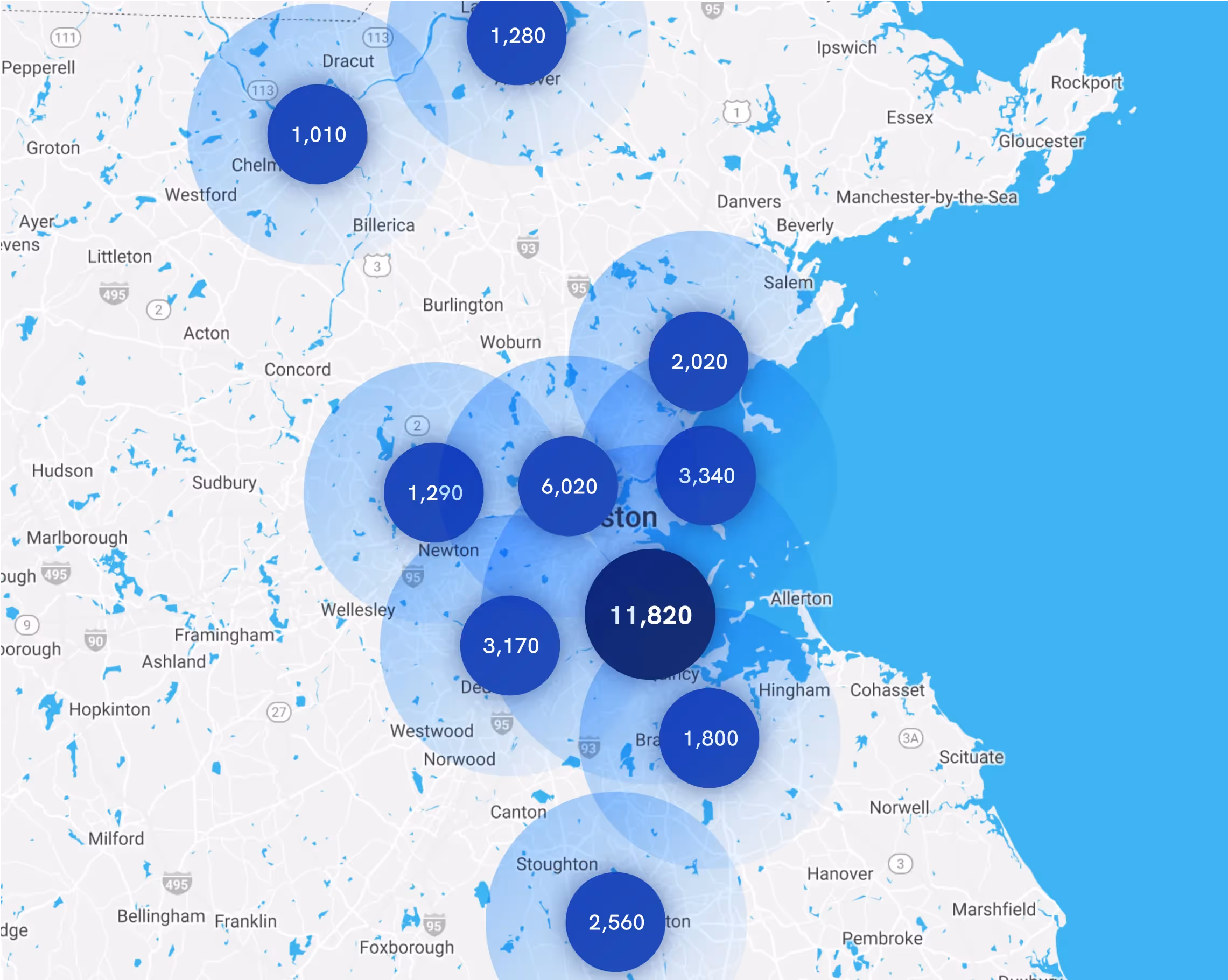 Map of Instawork staffing coverage in Boston, Massachusetts