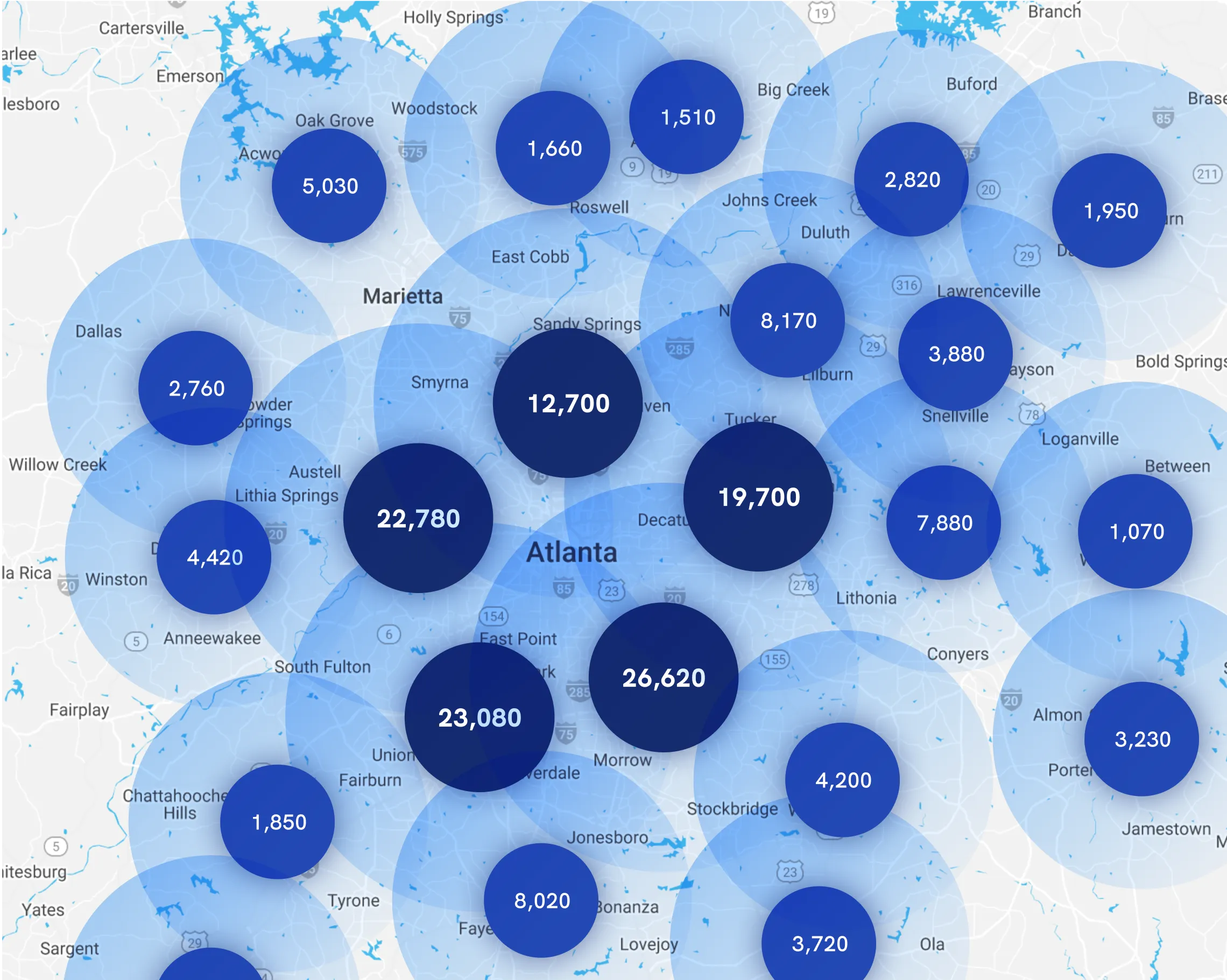 Map of Instawork staffing coverage in Atlanta, Georgia