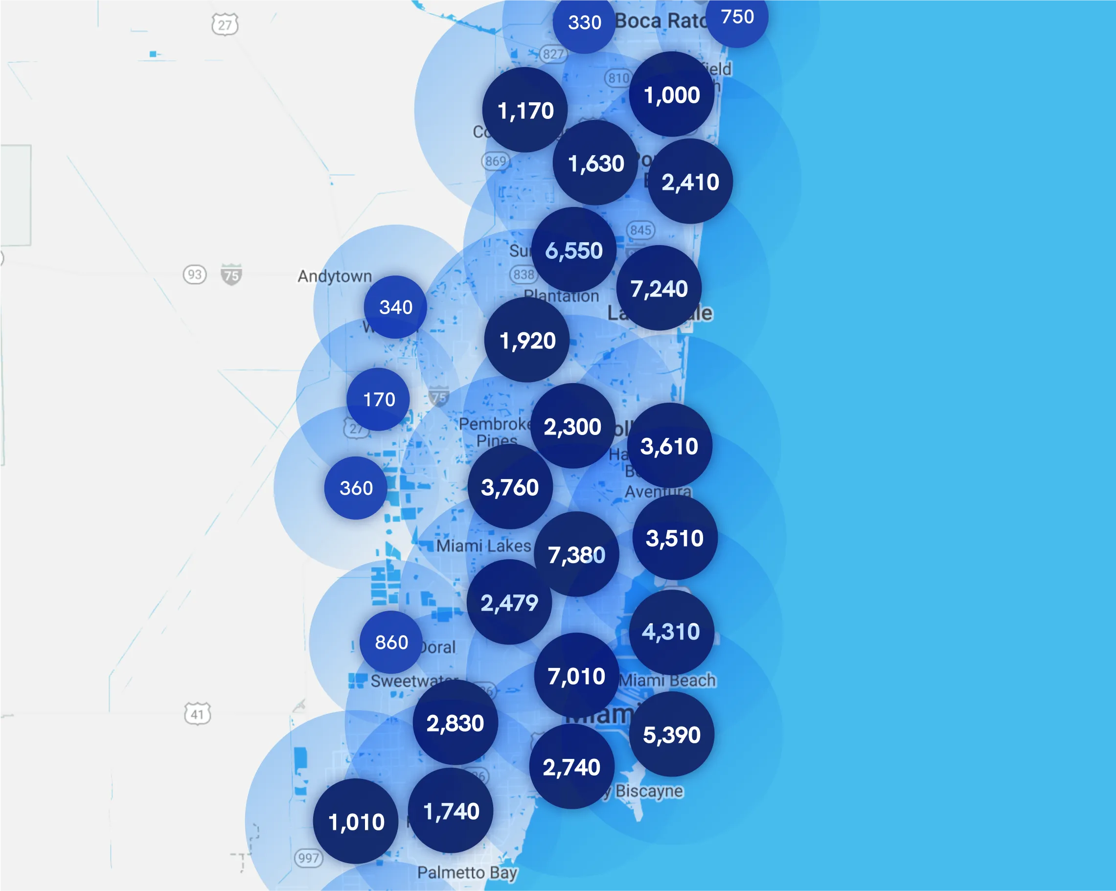 Map of Instawork staffing coverage in Miami, Florida
