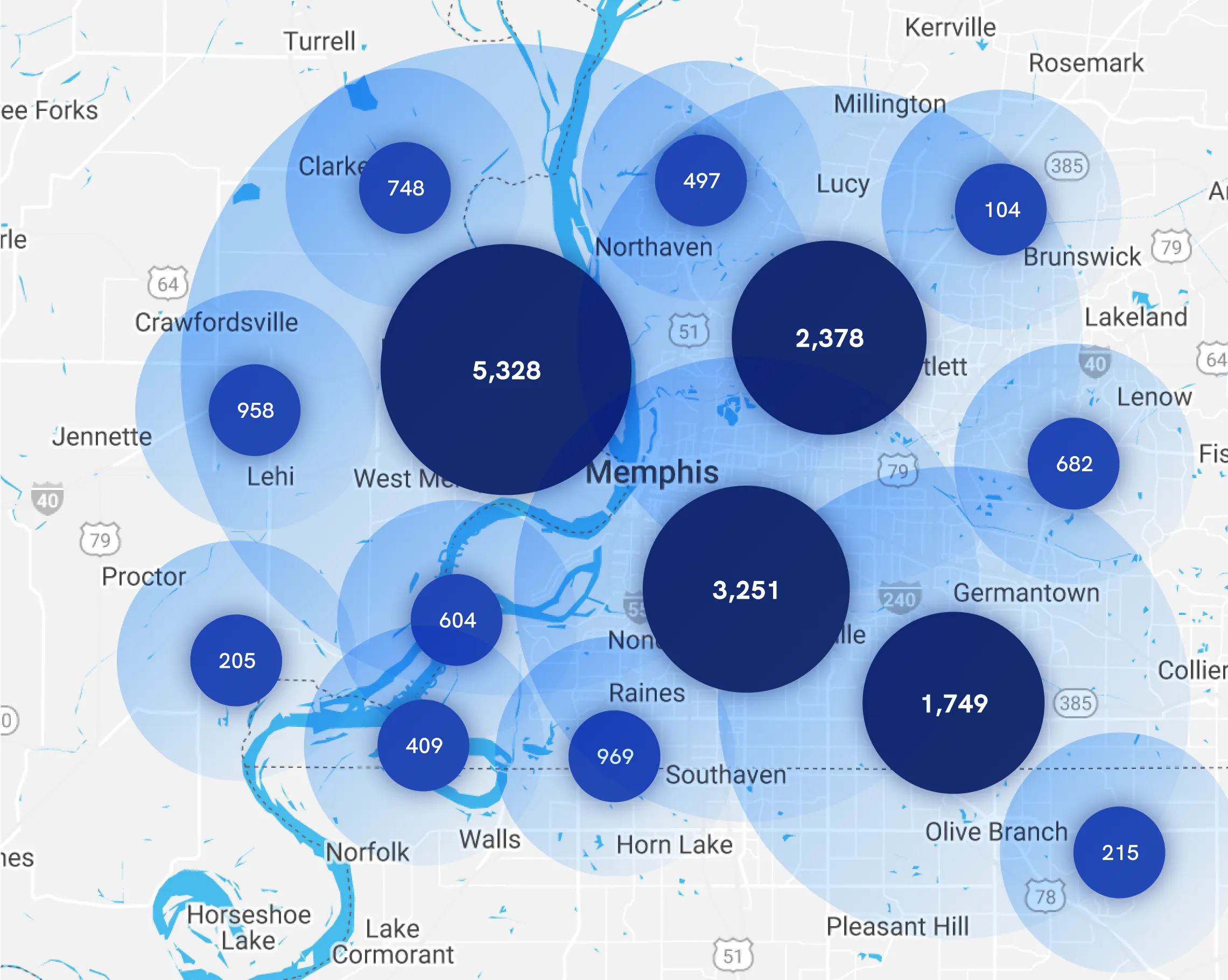 Map of Instawork staffing coverage in Louisville, Kentucky