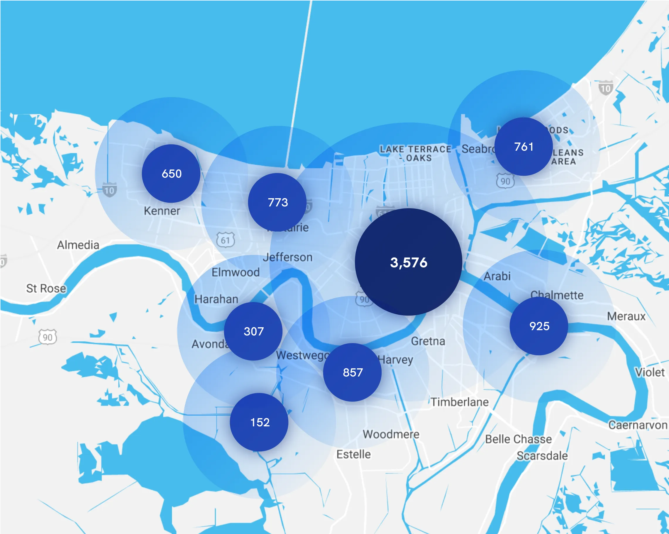 Map of Instawork staffing coverage in New Orleans, Louisiana