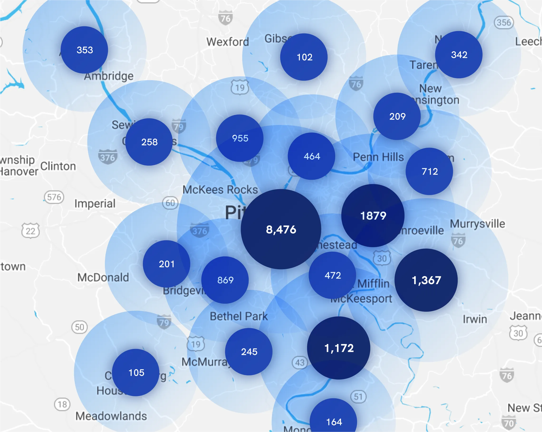 Map of Instawork staffing coverage in Pittsburgh, Pennsylvania