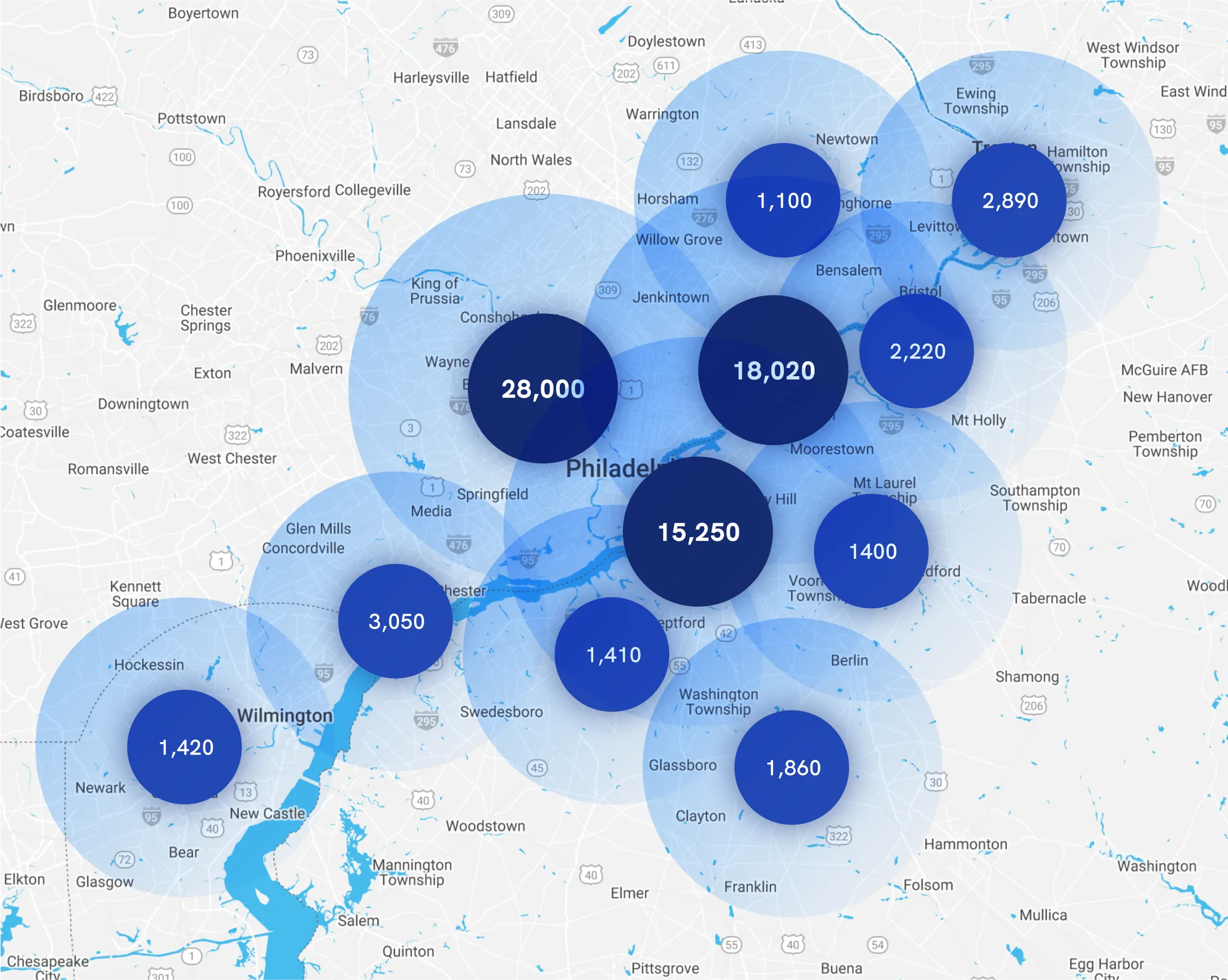 Map of Instawork staffing coverage in Philadelphia, Pennsylvania
