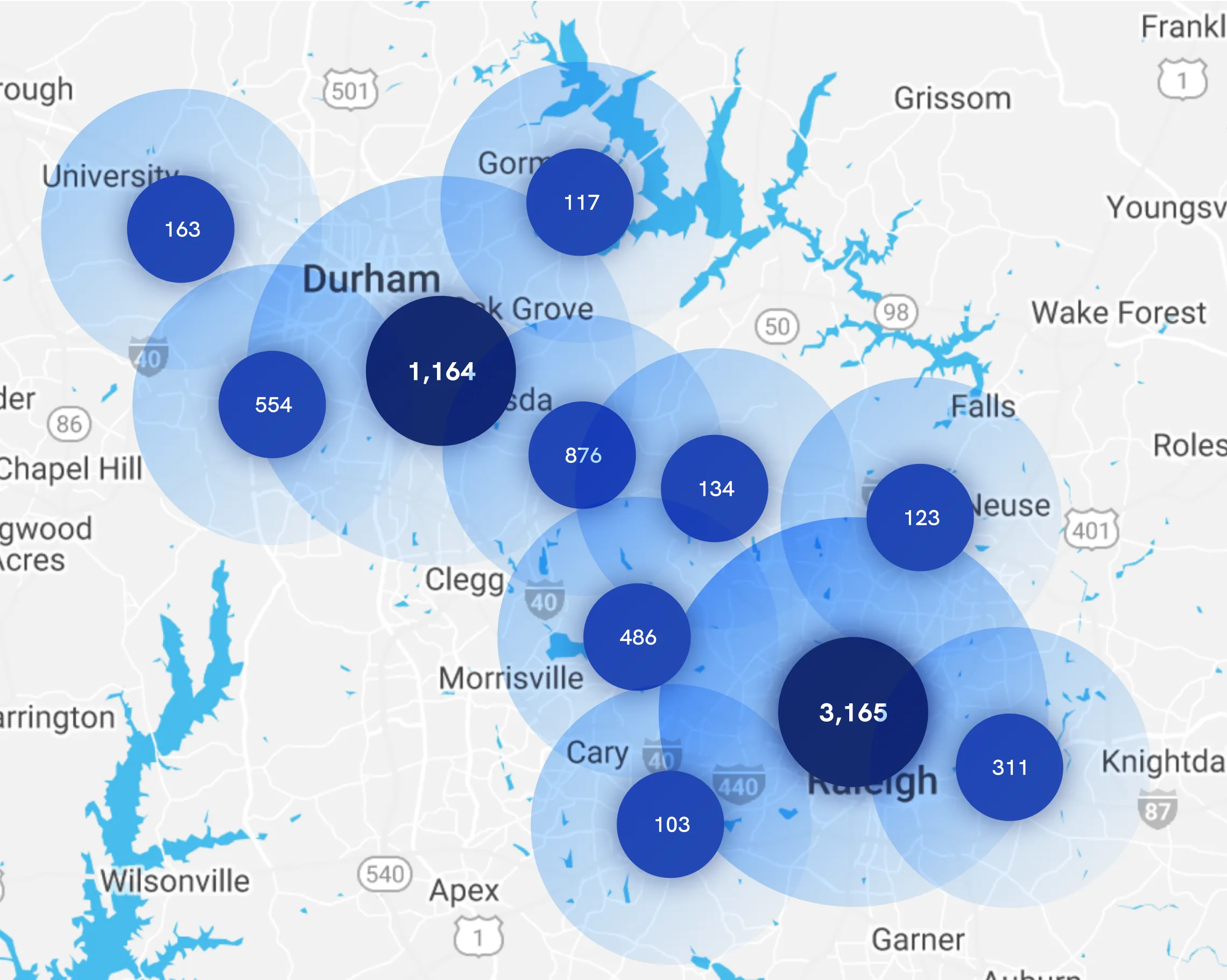 Map of Instawork staffing coverage in Raleigh-Durham, North Carolina
