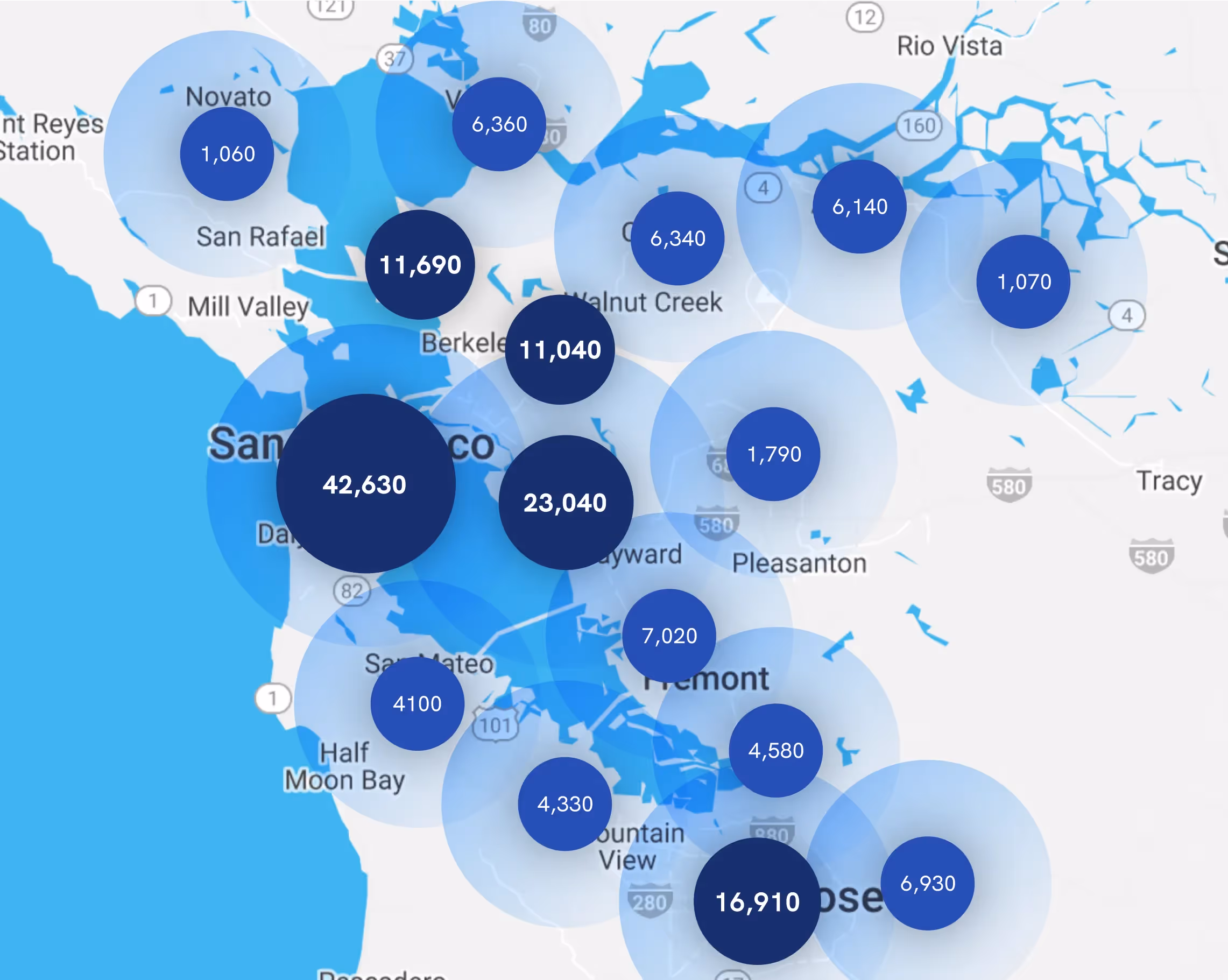 Map of Instawork staffing coverage in the San Francisco, California