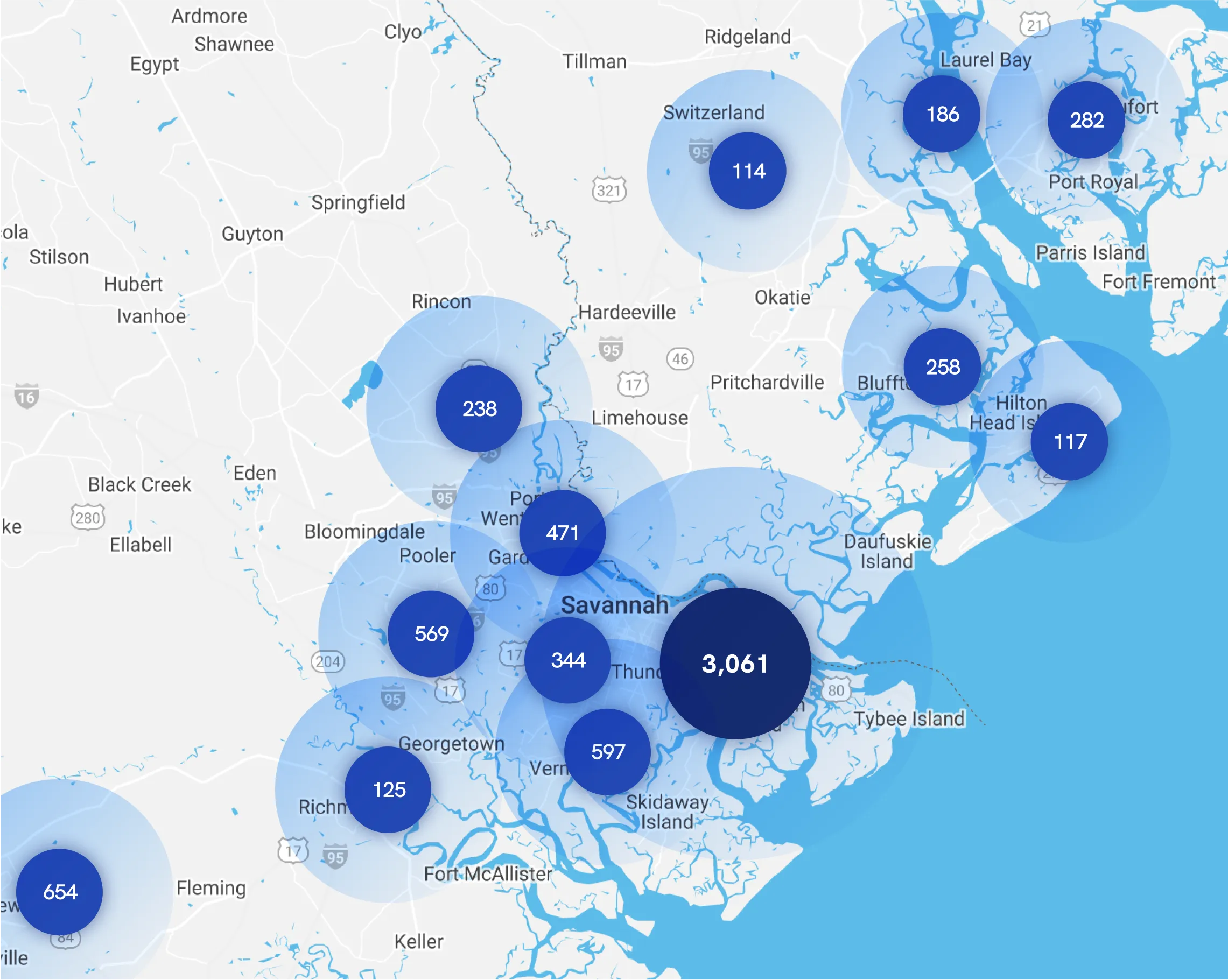 Map of Instawork staffing coverage in Savannah, Georgia