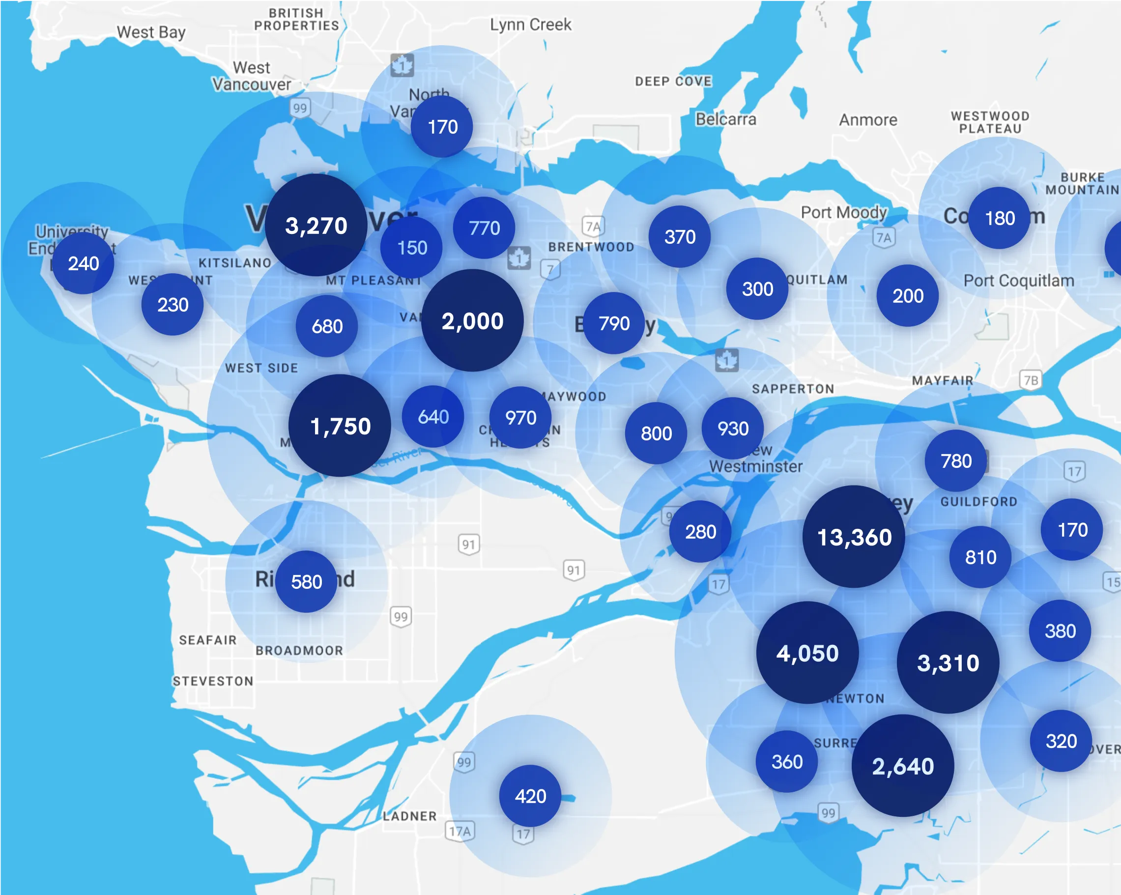 Map of Instawork staffing coverage in Vancouver, British Columbia, Canada
