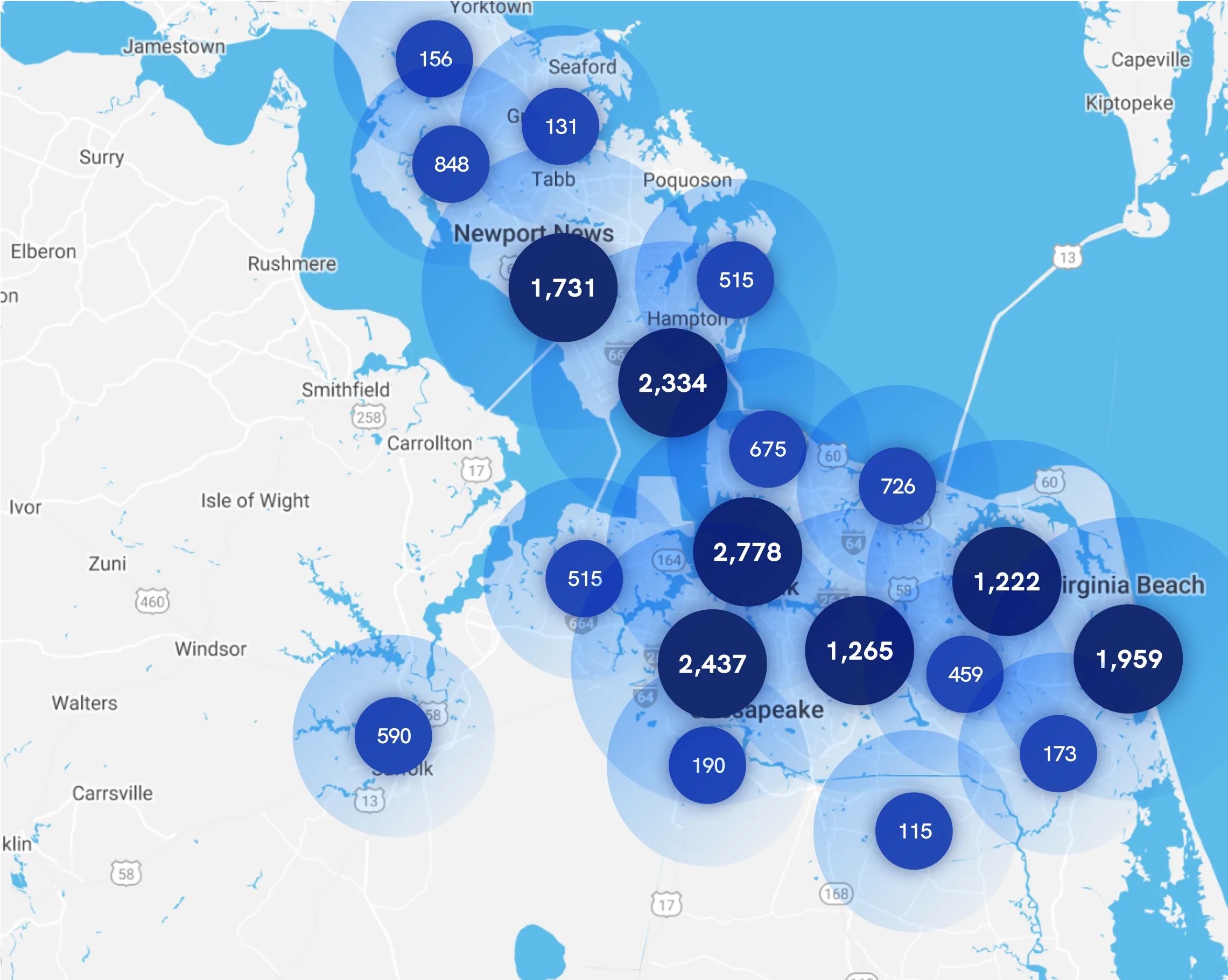 Map of Instawork staffing coverage in Virginia Beach, Virginia