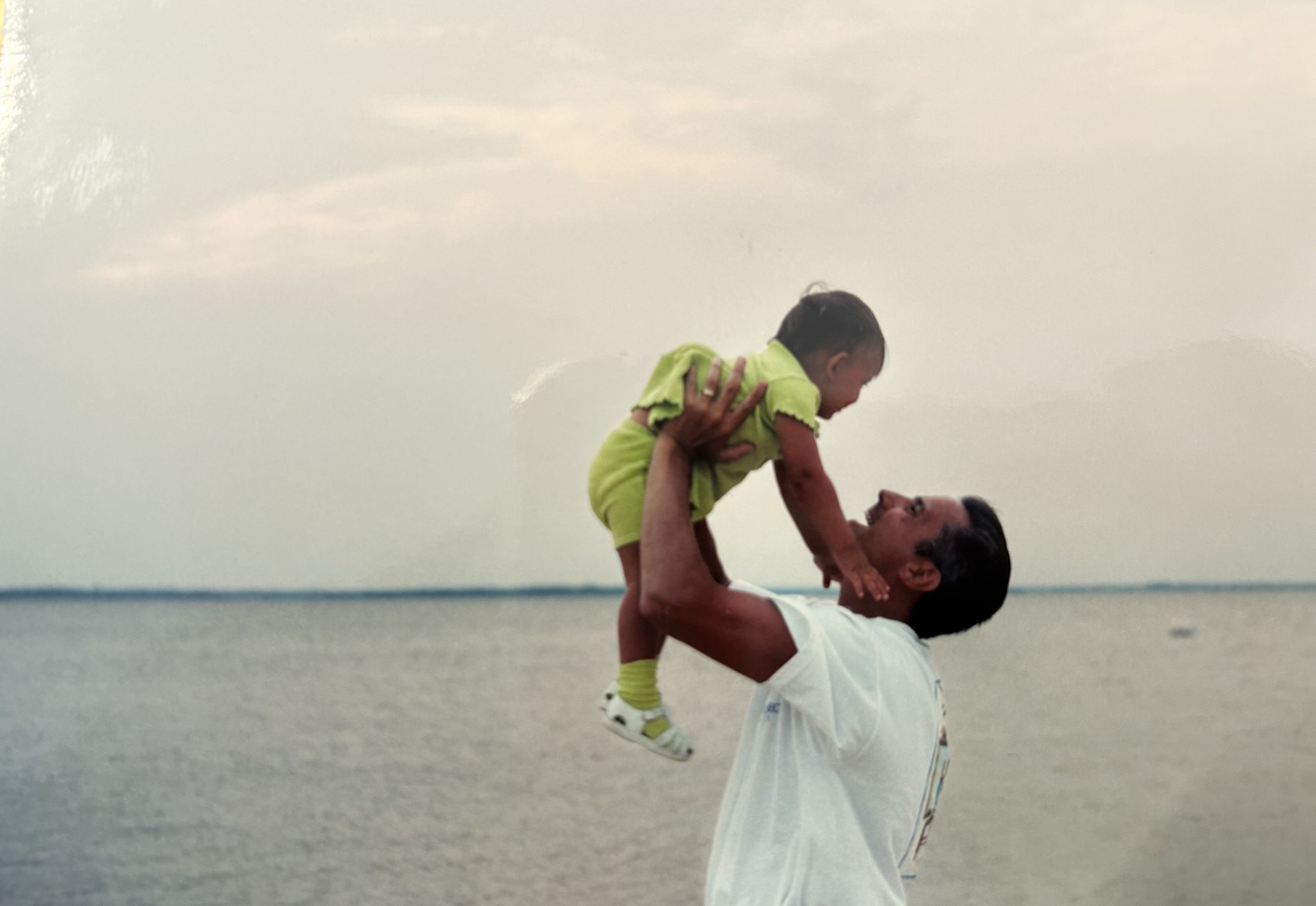 A dad is at the beach with his young child, lifting her into the air and smiling up at her.