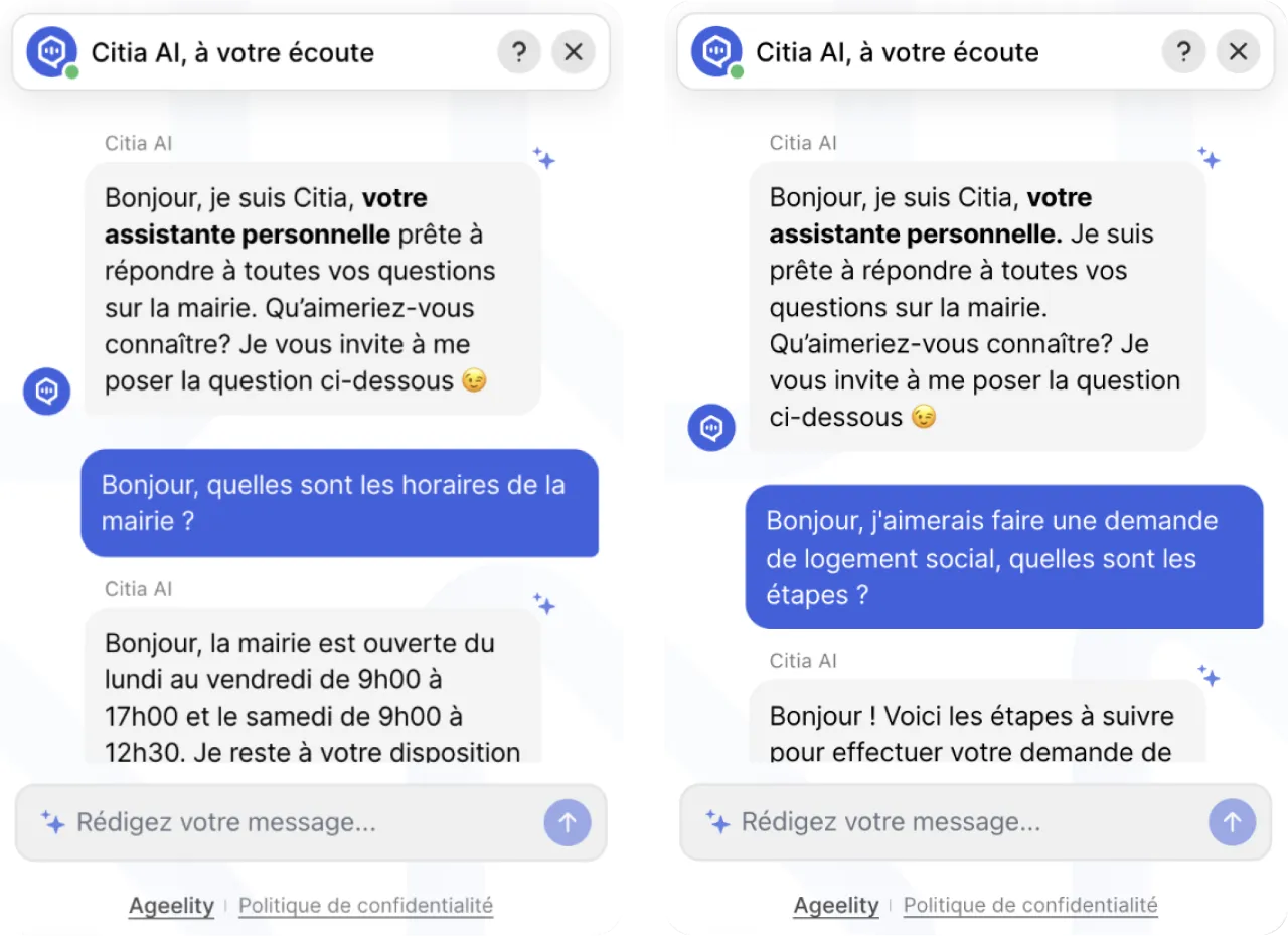 Ecrans de conversation du chatbot Citia