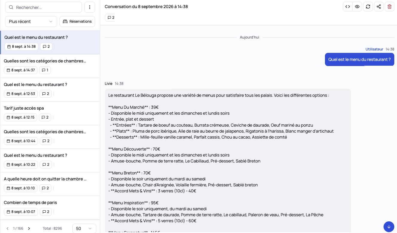 Espace Livie : la liste des conversations et une réponse complète sur les menus du restaurant