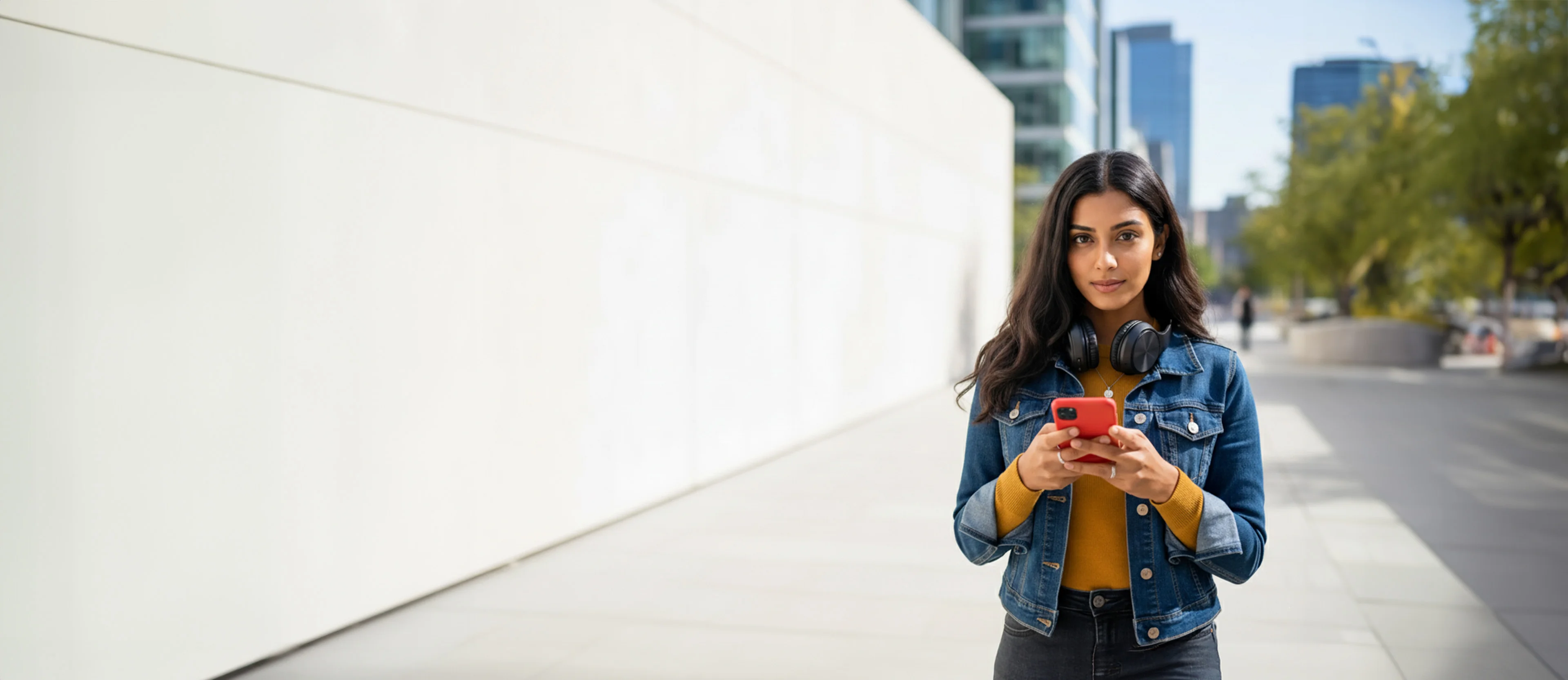 Young woman in a denim jacket with headphones around her neck using a smartphone outdoors on an urban walkway.