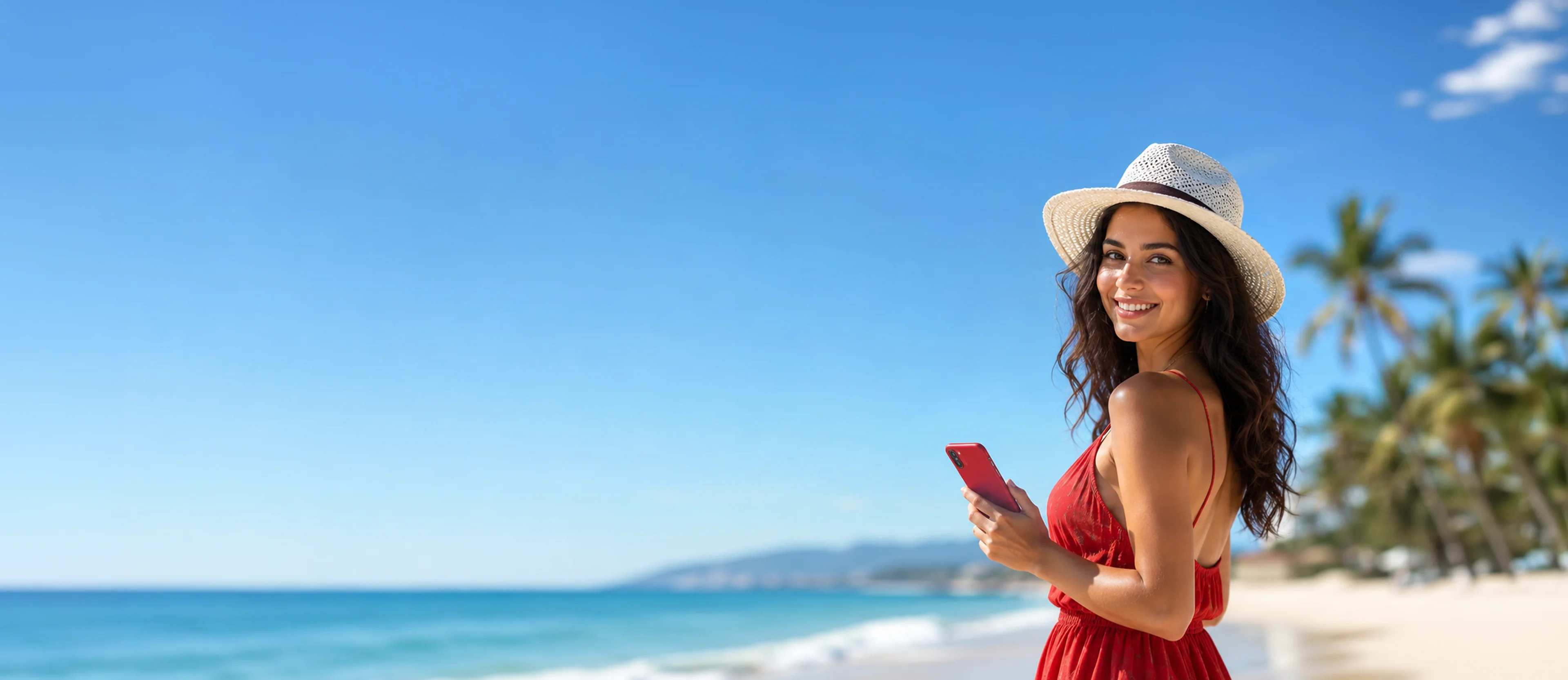 Woman on the beach using the TurkSIM app – browsing on mobile data on vacation with TurkSIM