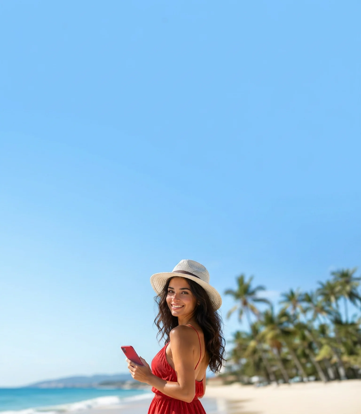 Woman on the beach using the TurkSIM app – browsing on mobile data on vacation with TurkSIM