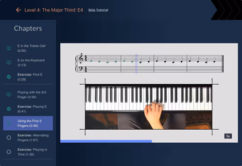 An interactive video tutorial showing hand placement on a keyboard.