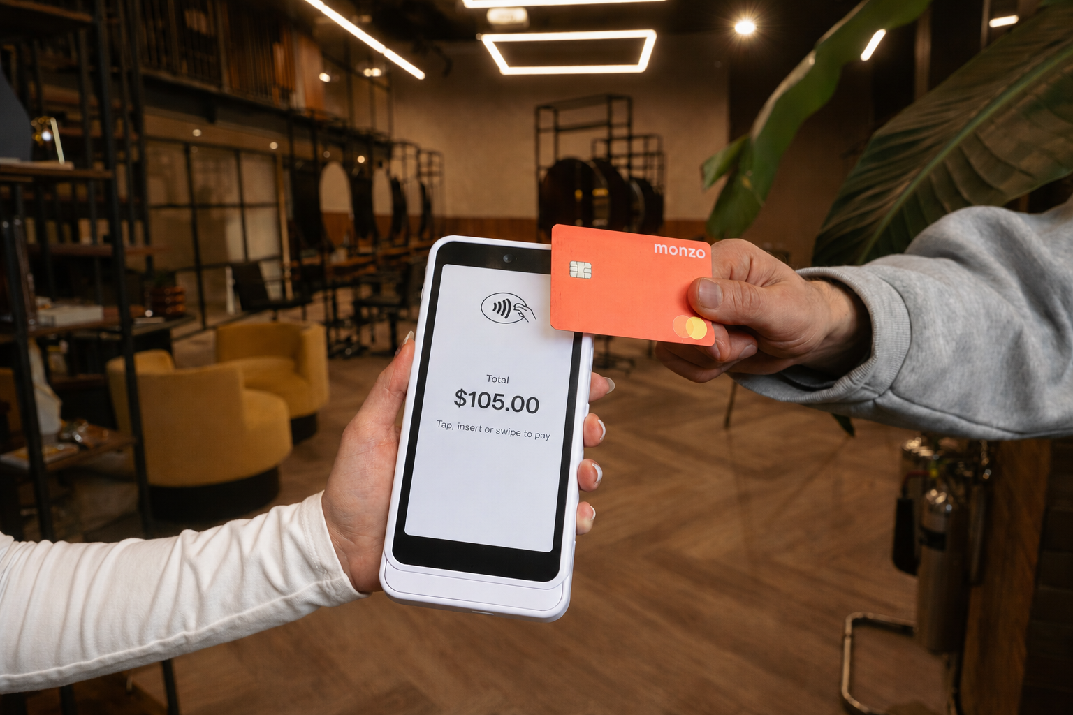 Salon owner taking contactless card payment on Slick S700 card reader