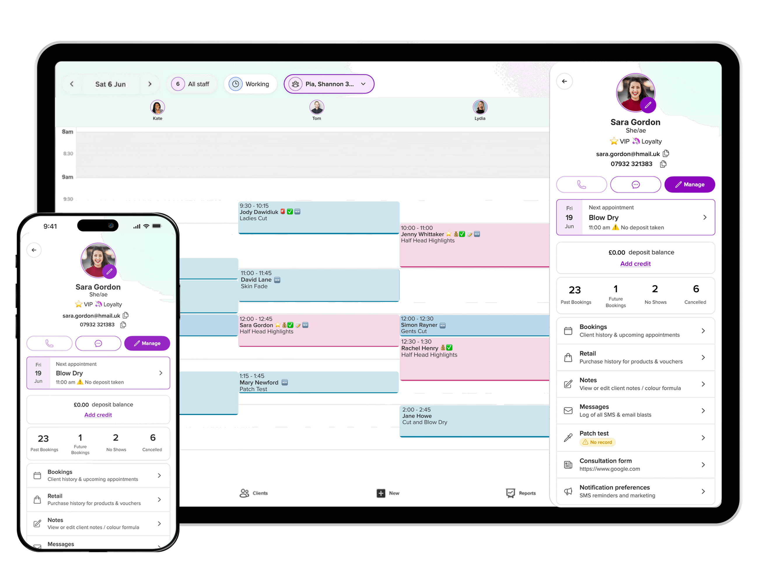 Slick salon software shown on iPad and phone