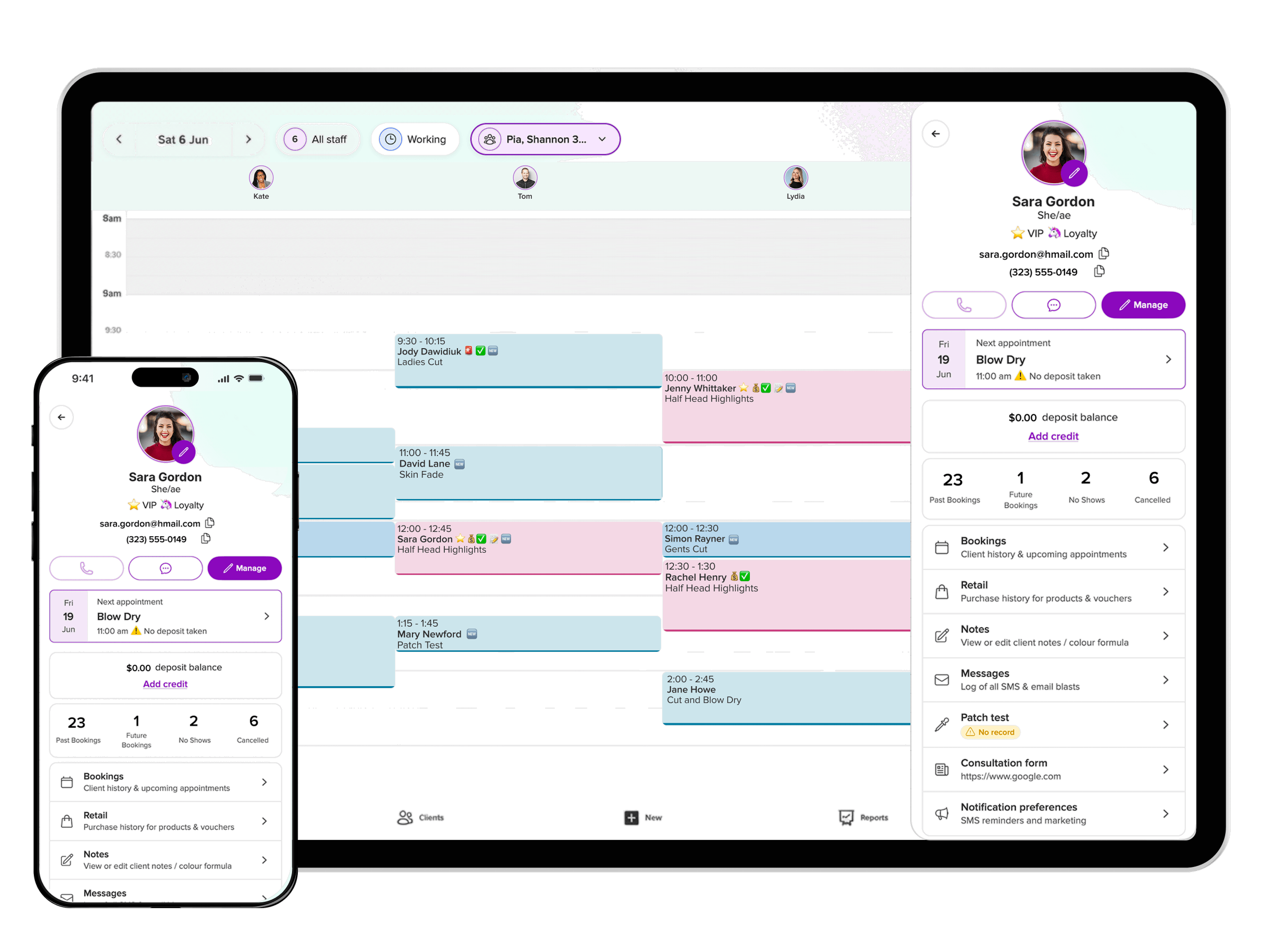 Slick salon software shown on iPad and phone