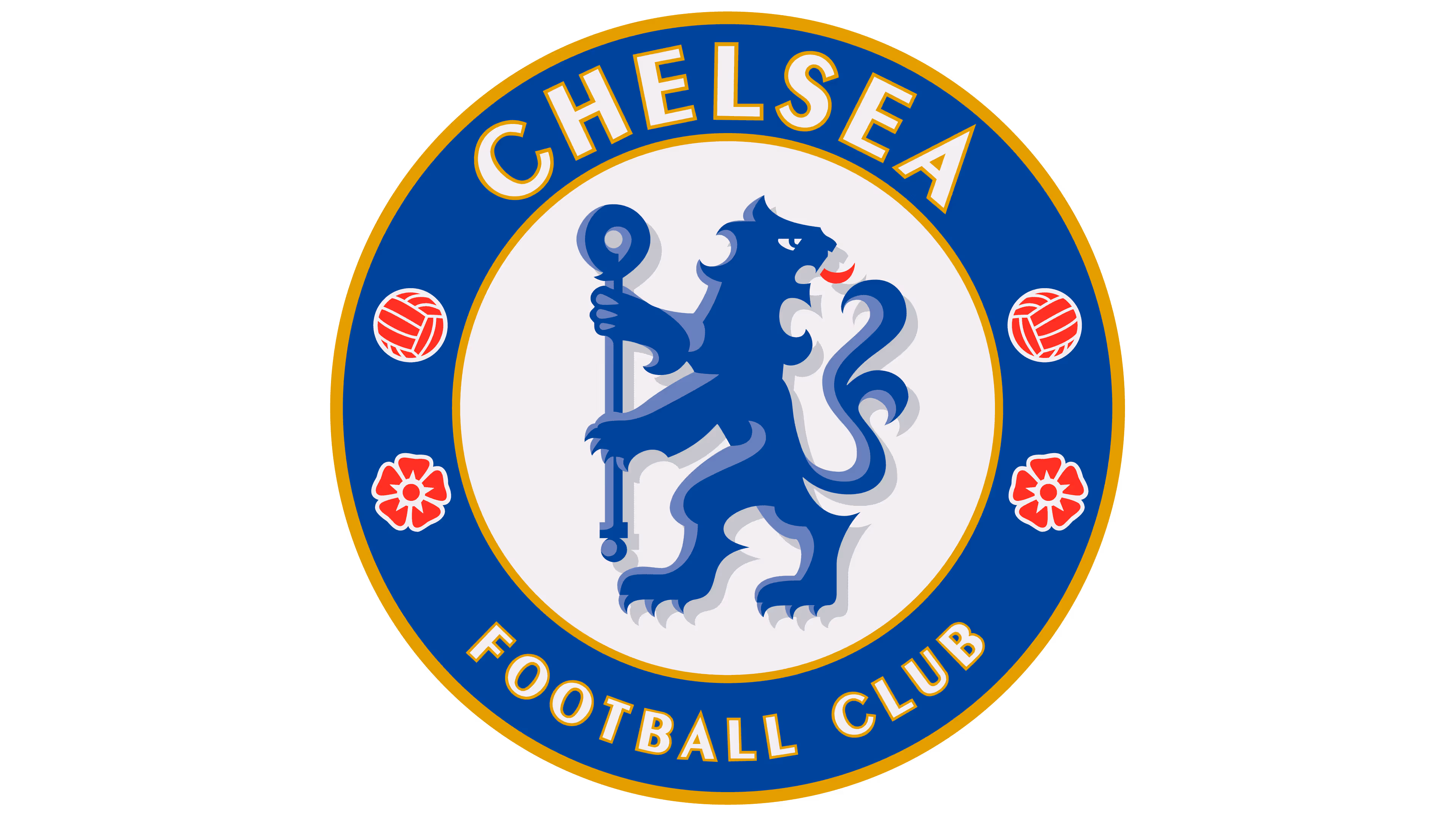 Chelsea Football Club emblem featuring a blue lion holding a staff, surrounded by a blue circle with the club's name and red football and flower symbols.