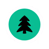 Black pine tree icon within a green circle and white border.
