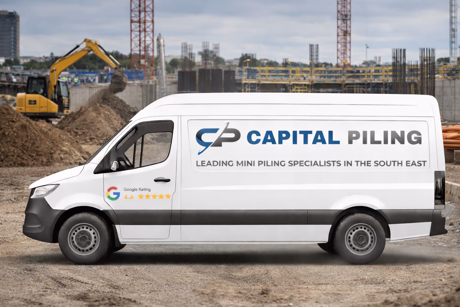 White van with Capital Piling logo and text 'Leading Mini Piling Specialists in the South East' parked at a construction site with an excavator and building framework in the background.