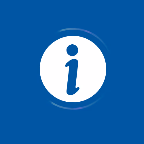 White information icon with a lowercase i inside a white circle on a blue background.