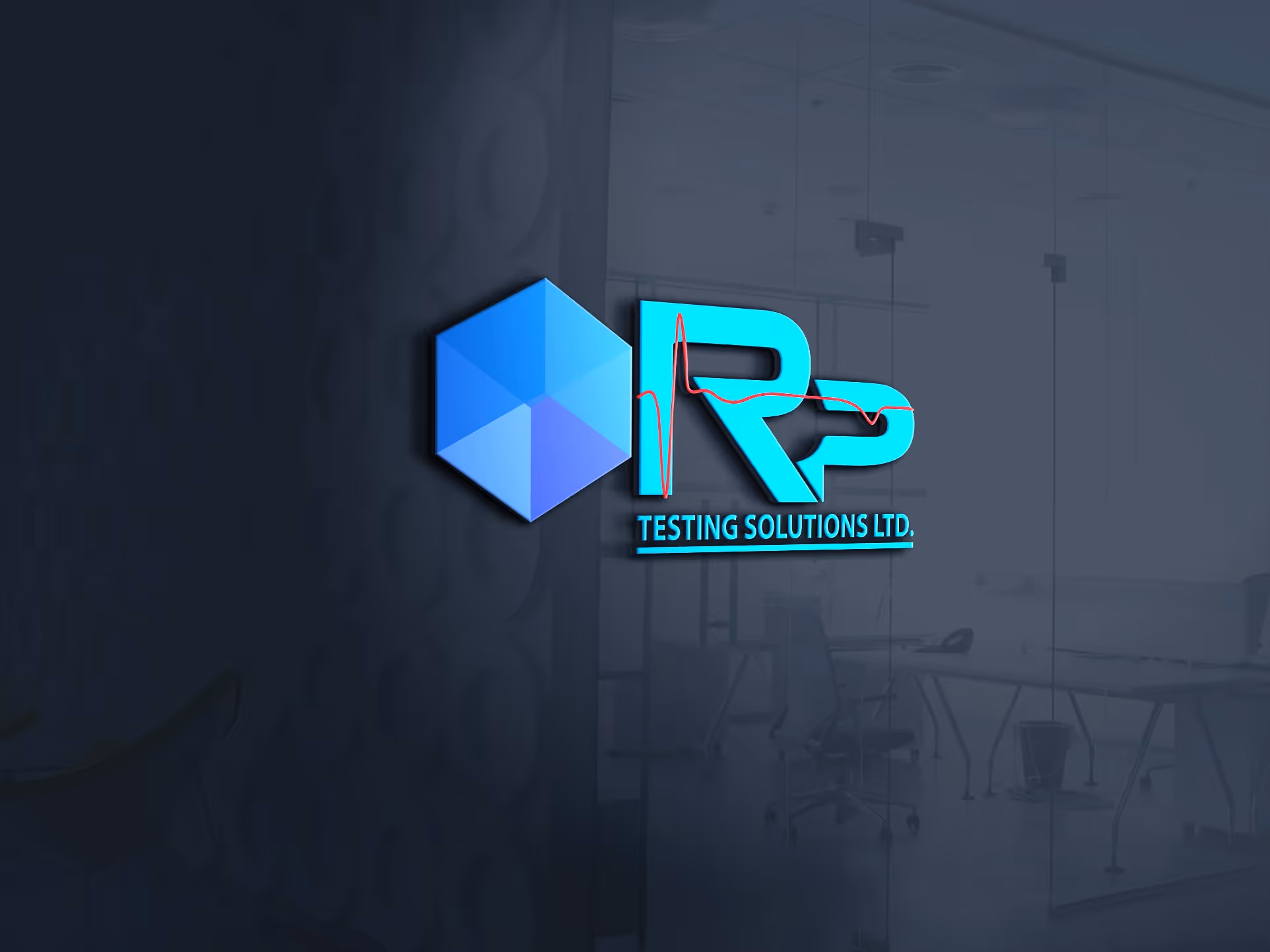 3D logo of RP Testing Solutions Ltd. with a blue hexagon and stylized letters RP connected by a red heartbeat line on a glass office wall.