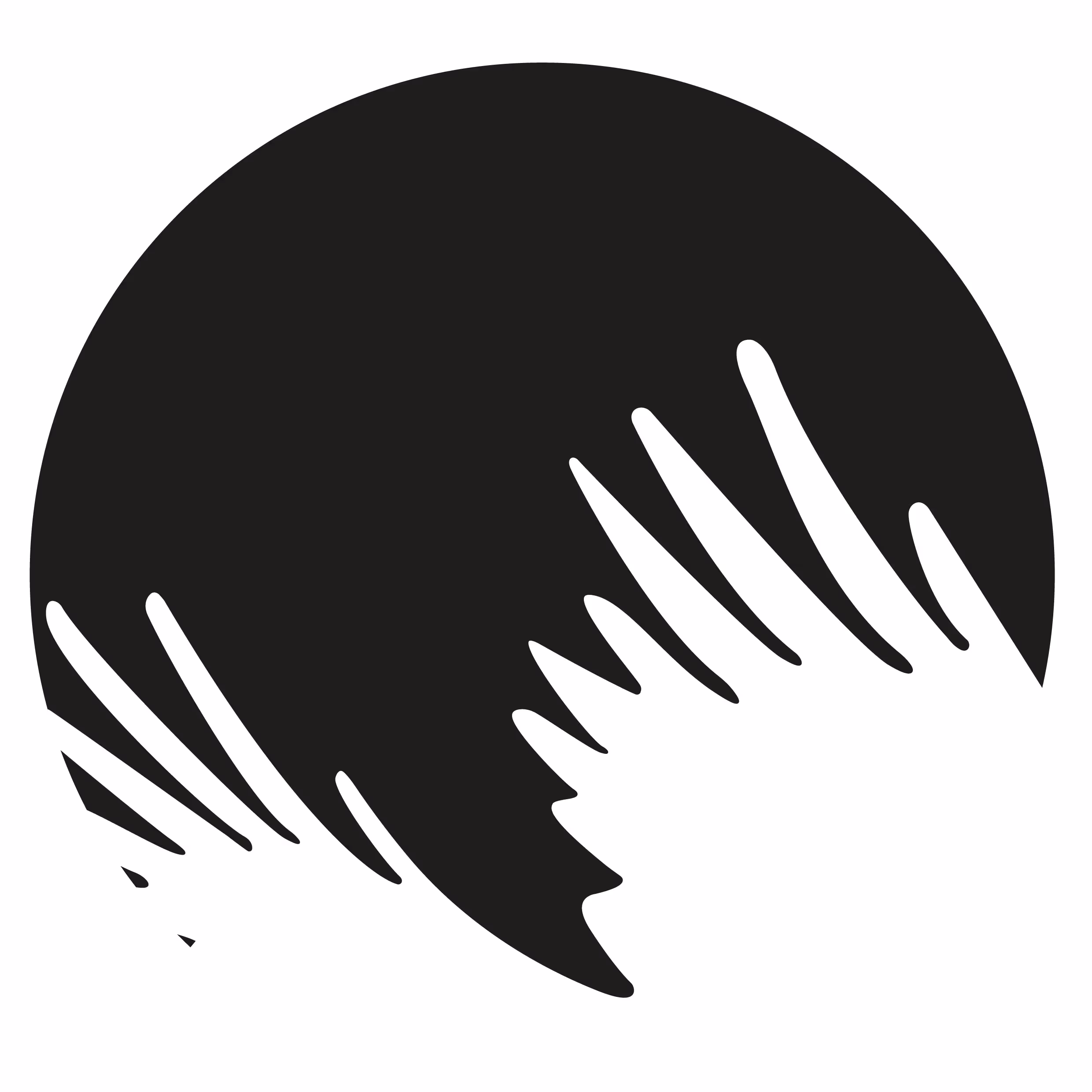 Silhouette of a crow with wings extended inside a black circle.