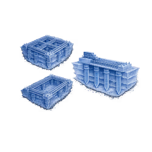 Three blue architectural cross-section drawings showing foundational structures with supporting pillars and walls.