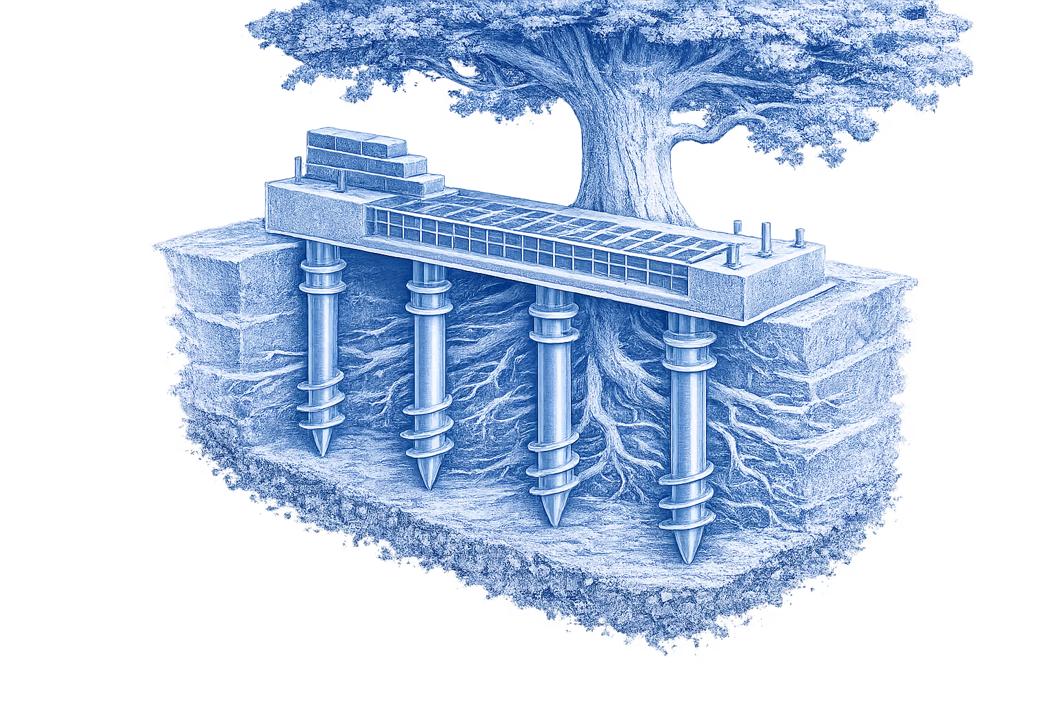 Illustration showing a tree supported by four large metal screw piles anchored into the ground beneath a concrete slab foundation.