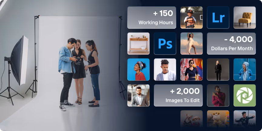 An infographic illustrating the traditional workflow of photo studio operations that depend on graphics teams, offshore retouchers and consume huge time & costs.