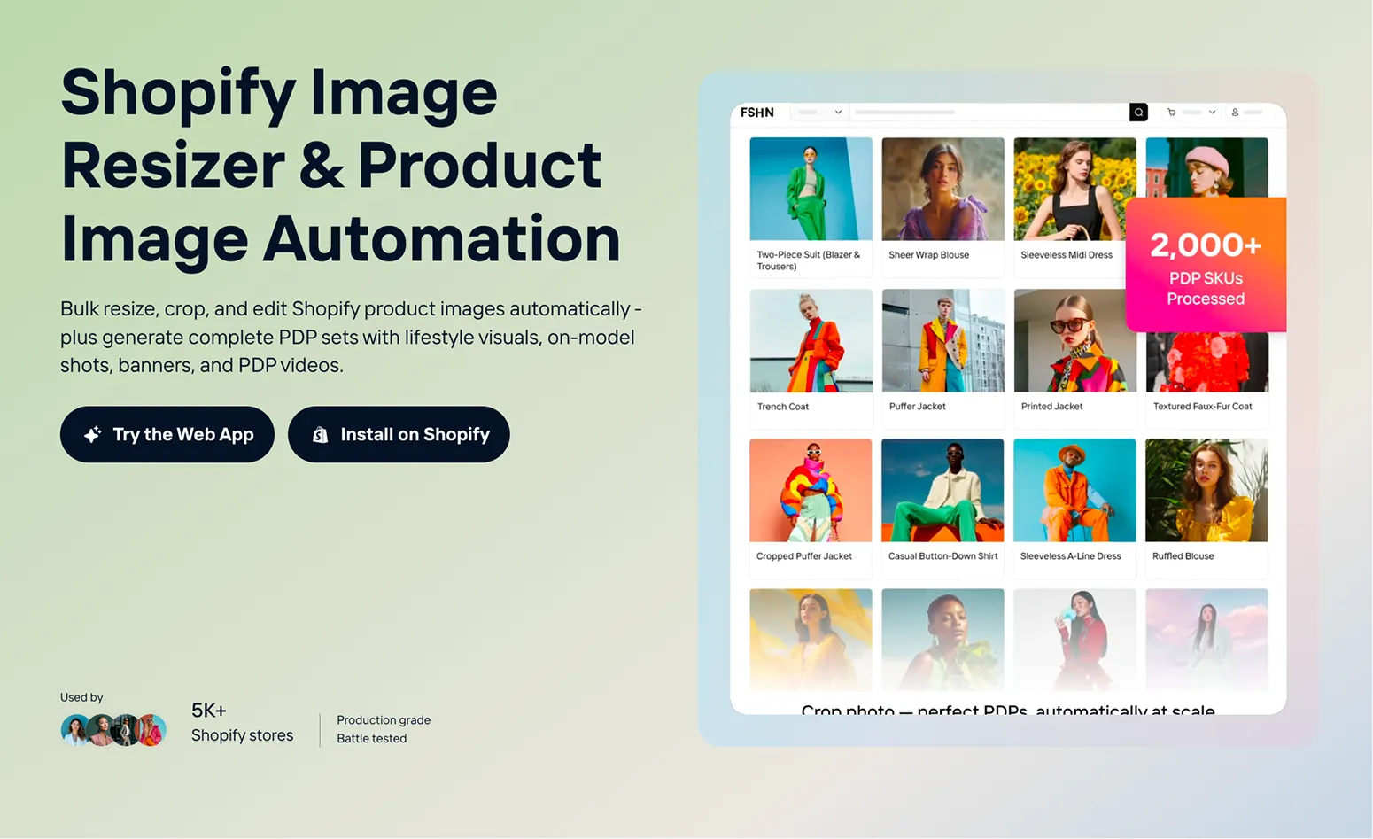Screenshot of crop.photo, Bulk resize, crop and edit Shopify product photos with automated recipes