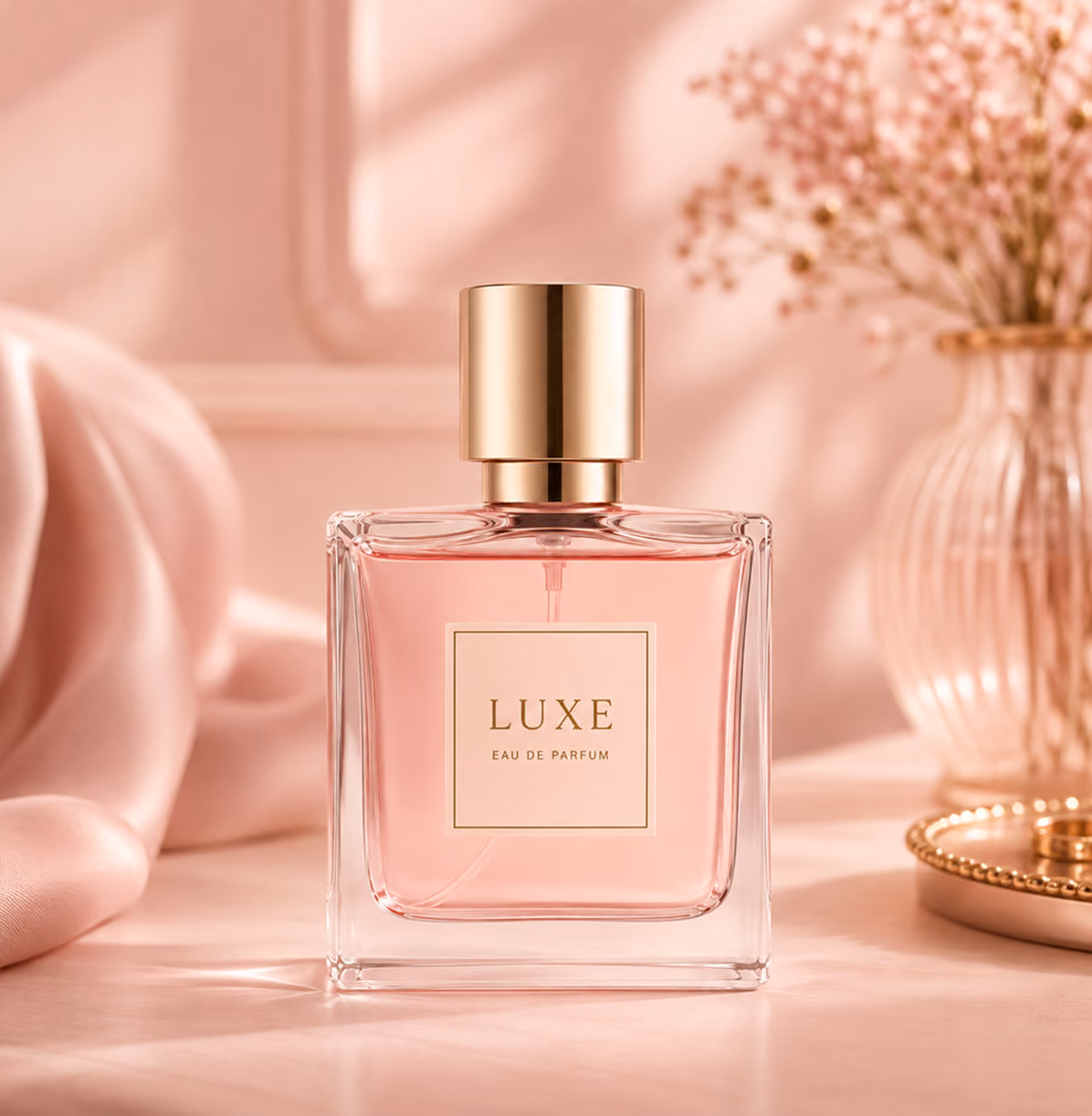 Square glass perfume bottle with pink liquid and gold cap labeled Luxe Eau de Parfum.